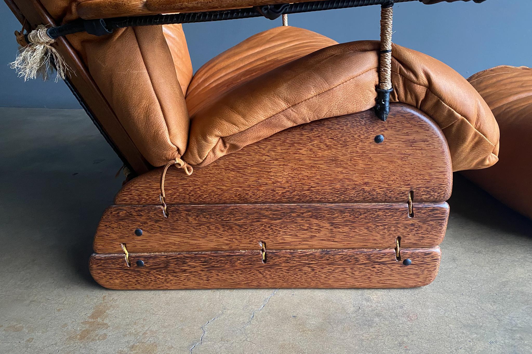 20th Century Pacific Green Cognac Leather & Palmwood Havana Lounge Chair & Ottoman, 1990's