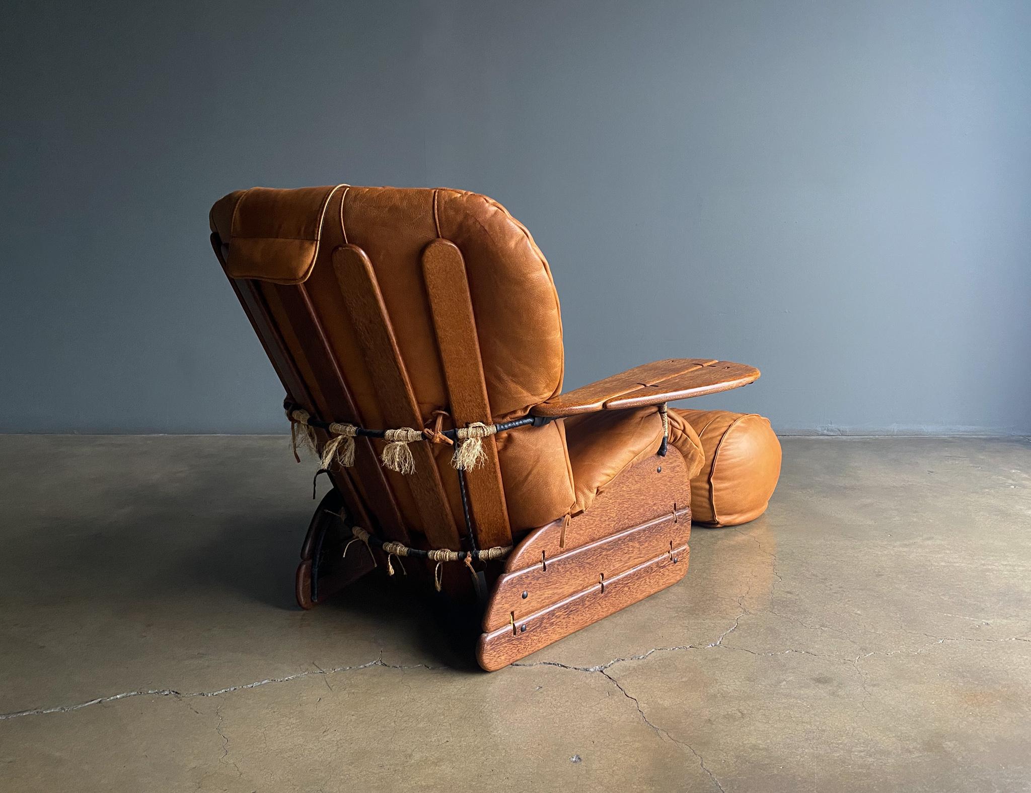 Pacific Green Cognac Leather & Palmwood Havana Lounge Chair & Ottoman, 1990's 1