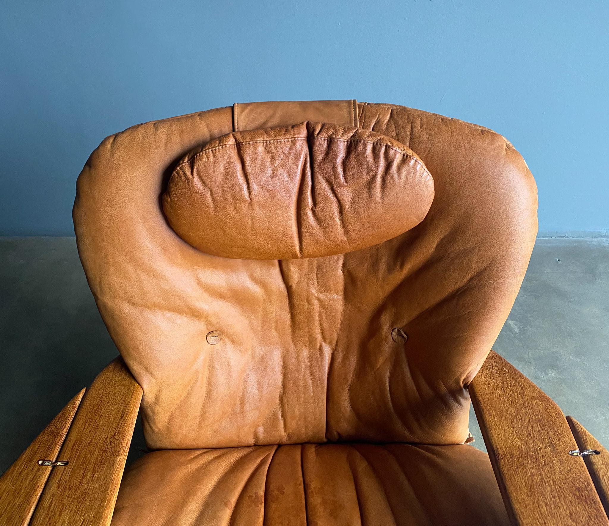Pacific Green Cognac Leather & Palmwood Havana Lounge Chair & Ottoman, 1990's 3