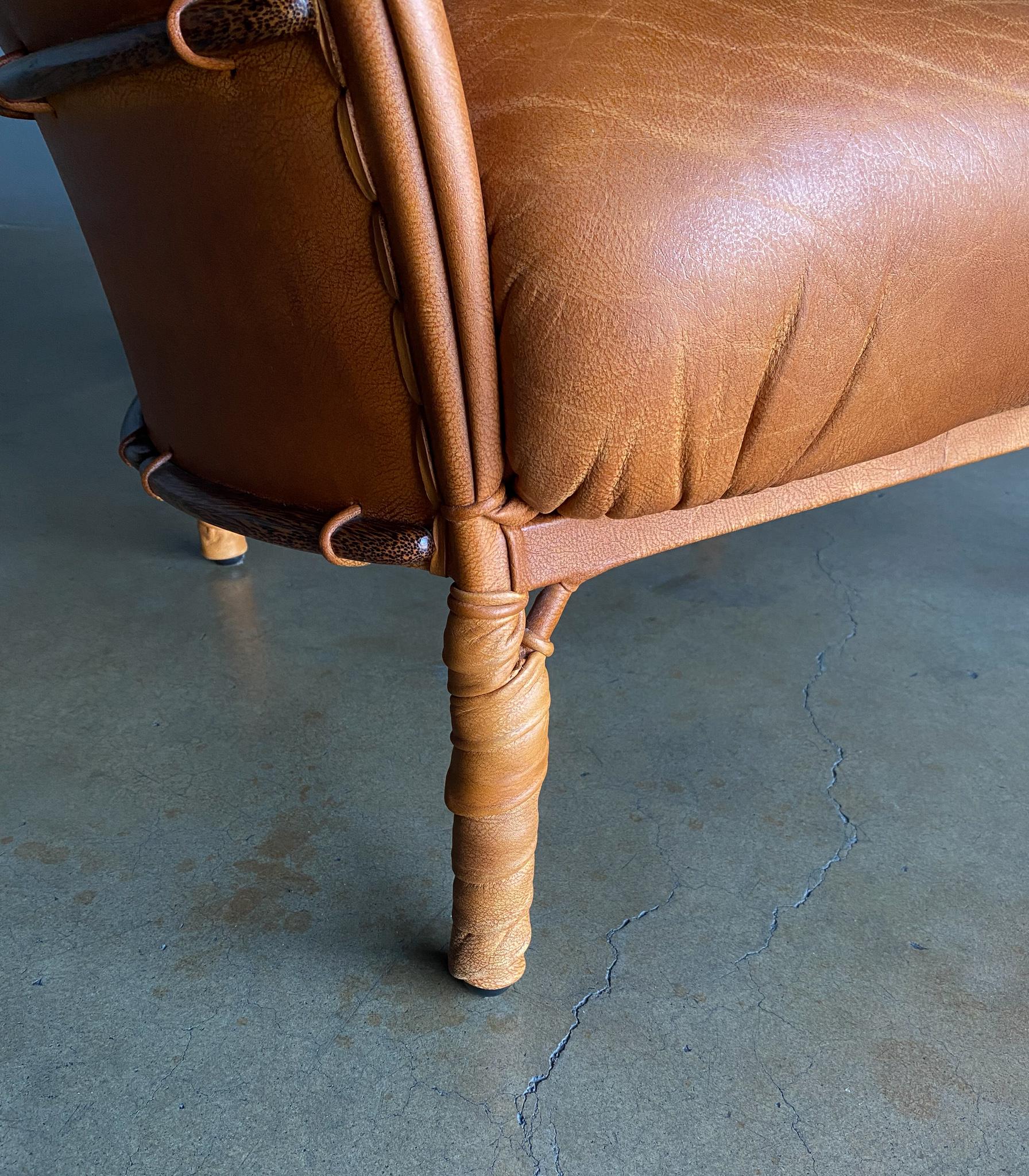 Pacific Green Cognac Leather & Palmwood Navajo Lounge Chair, 1990's  3