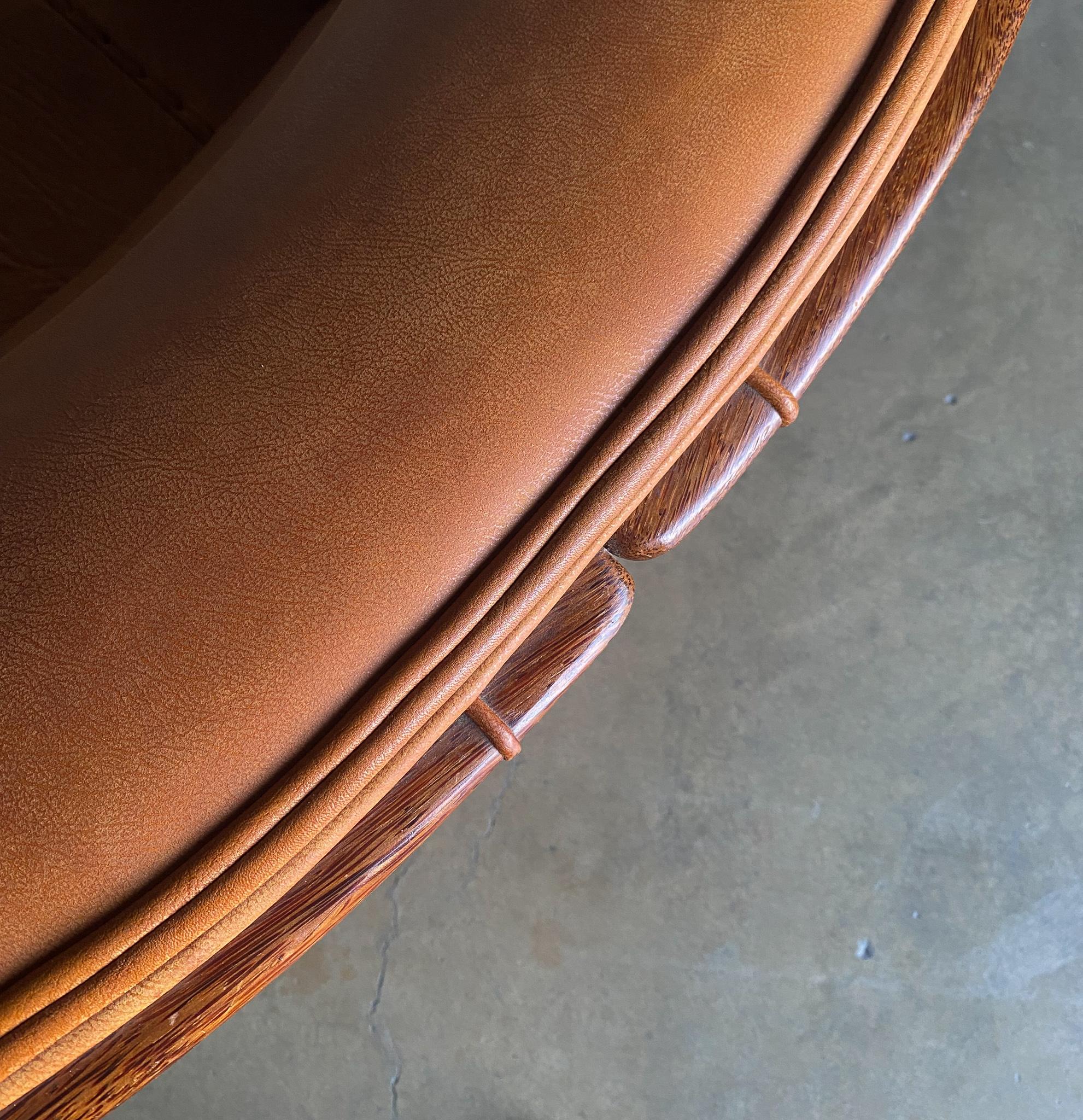 Pacific Green Cognac Leather & Palmwood Navajo Lounge Chair, 1990's 4