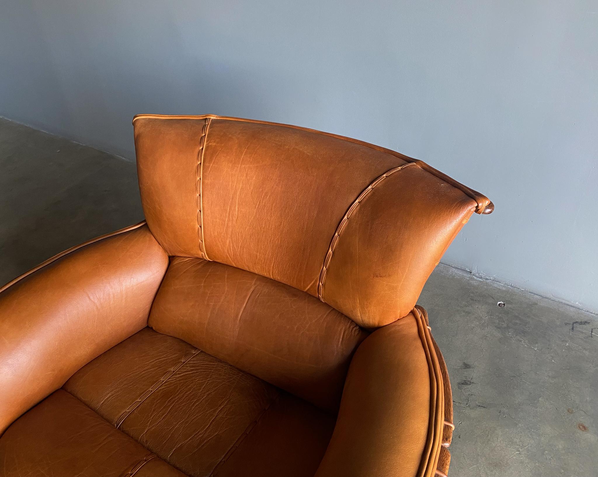 Pacific Green Cognac Leather & Palmwood Navajo Lounge Chair, 1990's  7