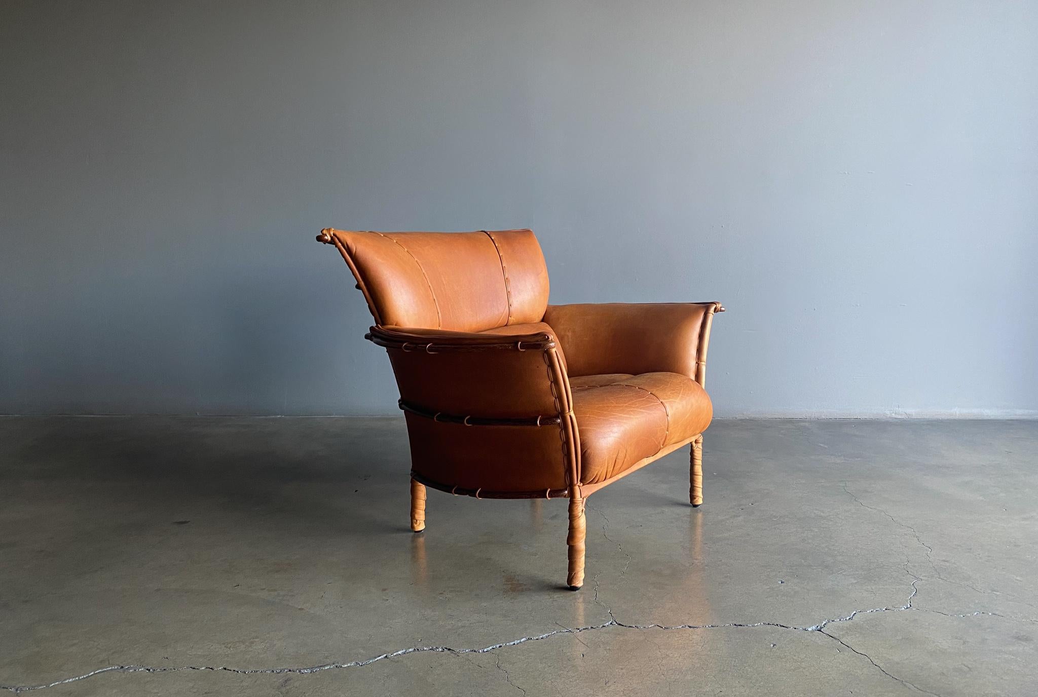 Pacific Green Cognac Leather & Palmwood Navajo Lounge Chair, 1990's 9