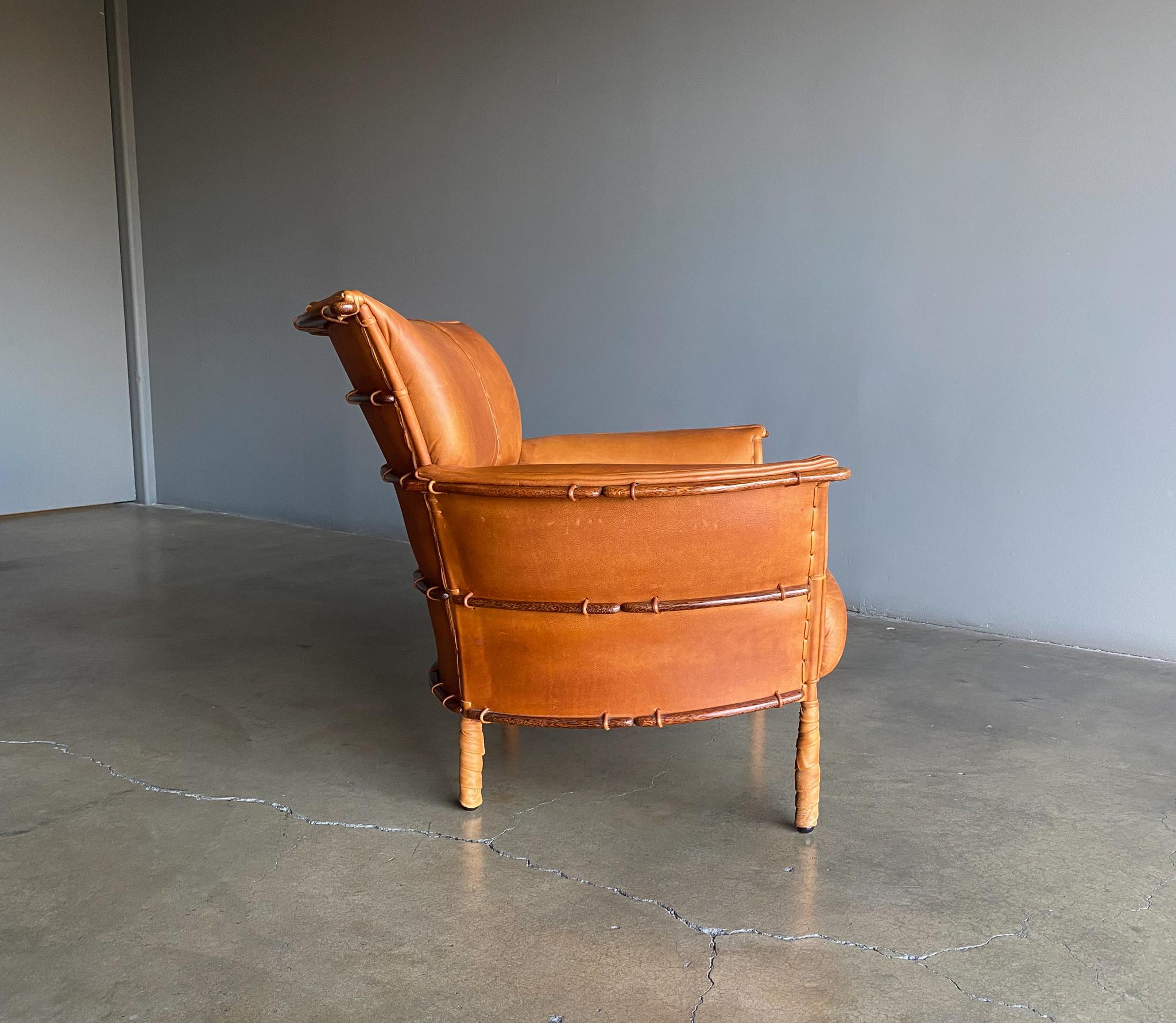 Pacific Green Cognac Leather & Palmwood Navajo Lounge Chair, 1990's 10