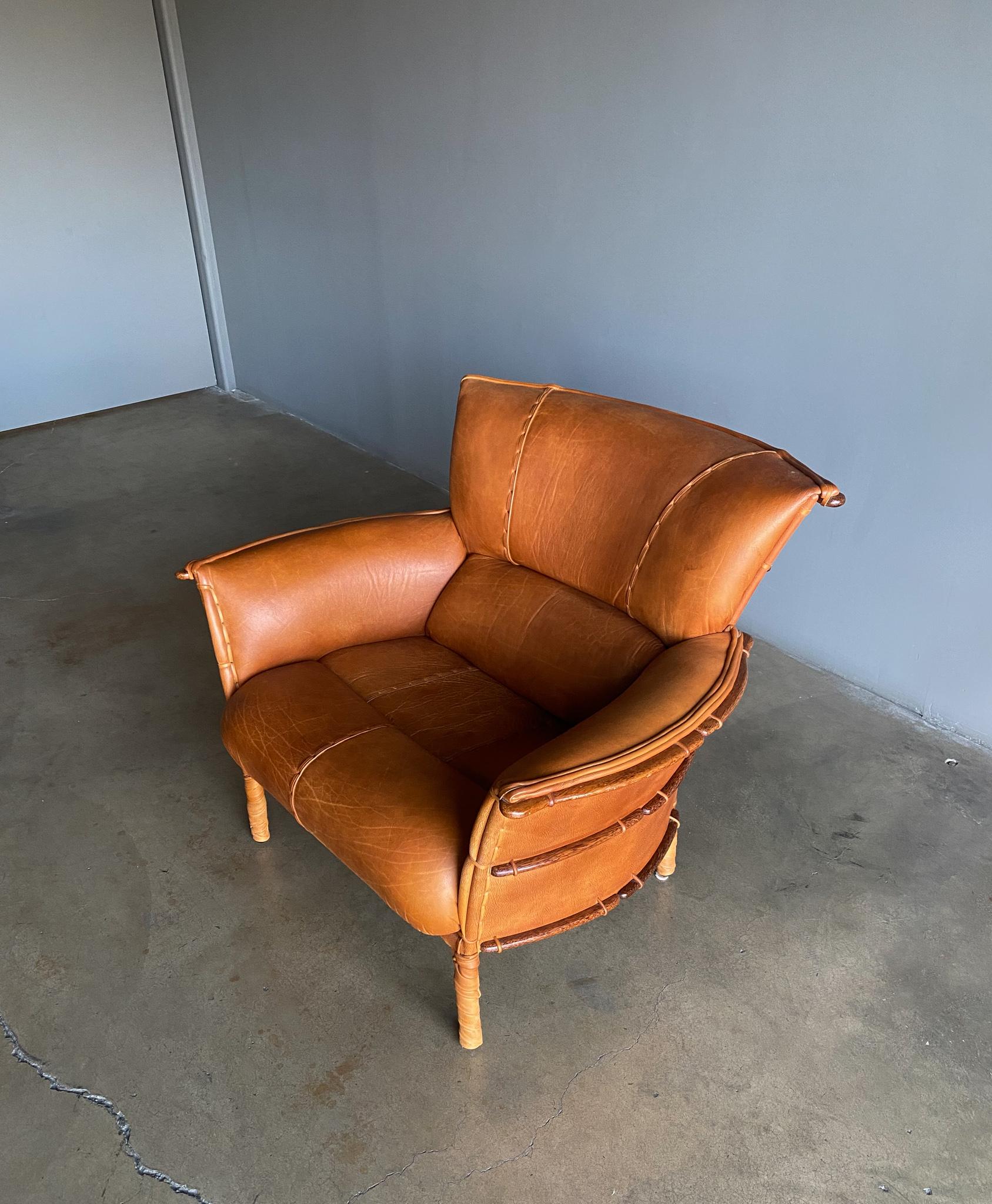 Pacific Green Cognac Leather & Palmwood Navajo Lounge Chair, 1990's 12