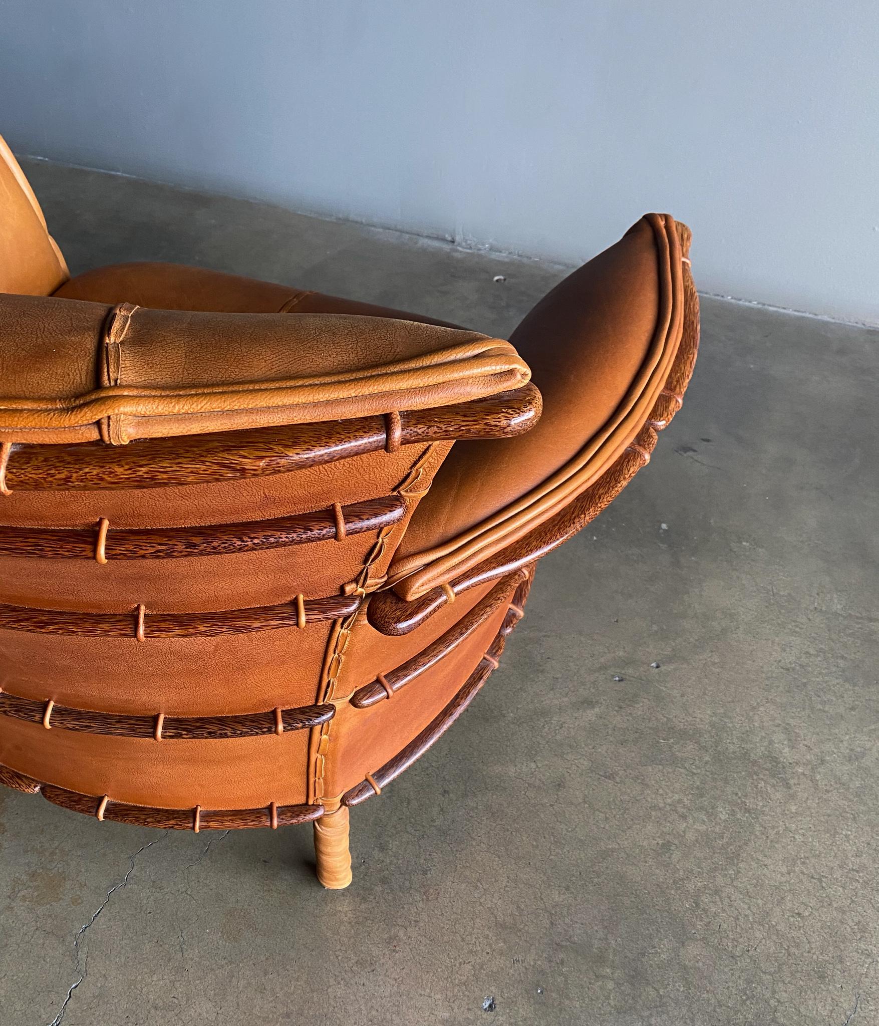 Modern Pacific Green Cognac Leather & Palmwood Navajo Lounge Chair, 1990's 