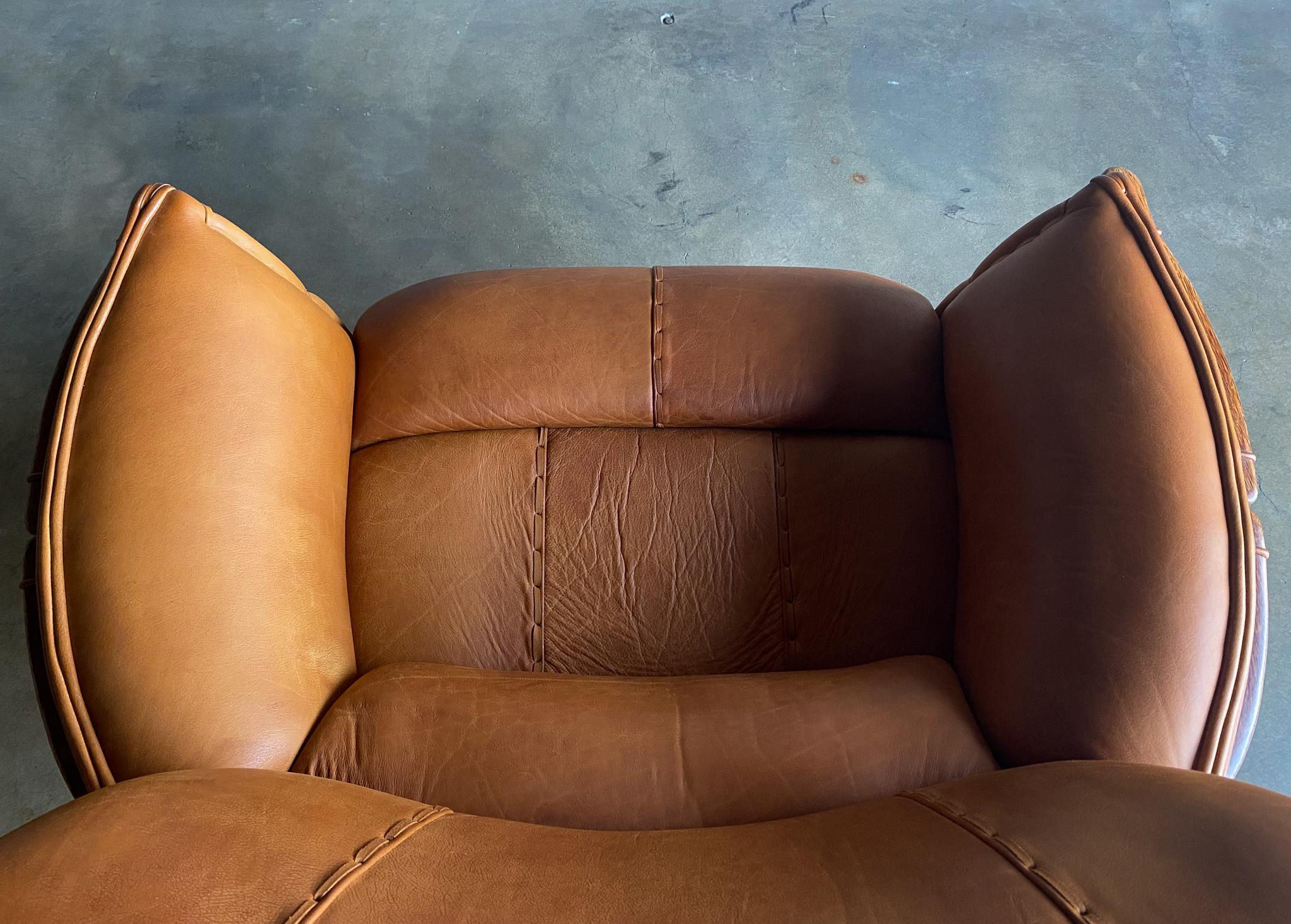 Modern Pacific Green Cognac Leather & Palmwood Navajo Lounge Chair, 1990's