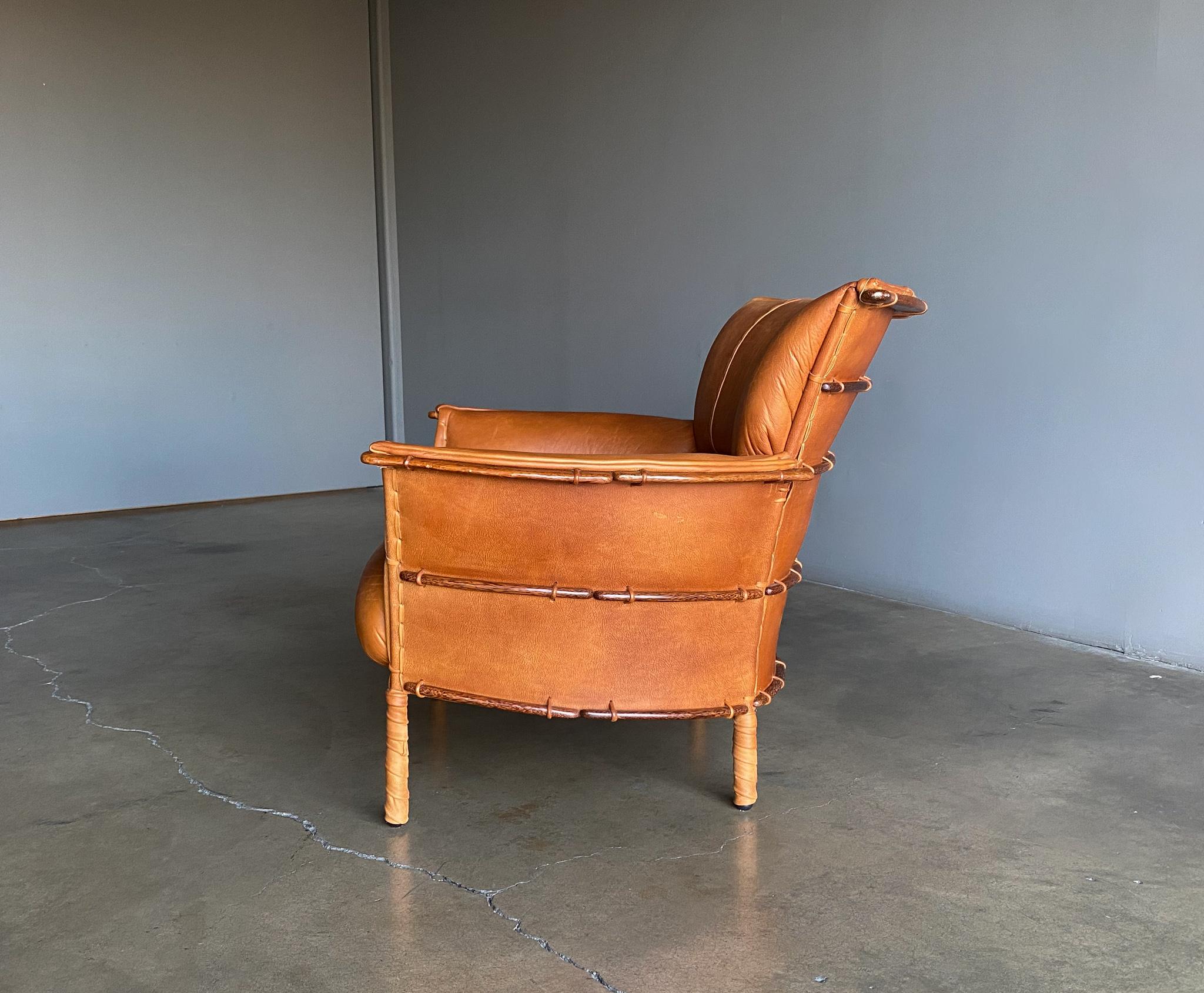 Pacific Green Cognac Leather & Palmwood Navajo Lounge Chair, 1990's  2