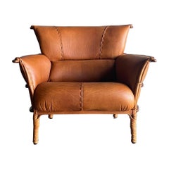 Pacific Green Cognac Leather & Palmwood Navajo Lounge Chair, 1990's