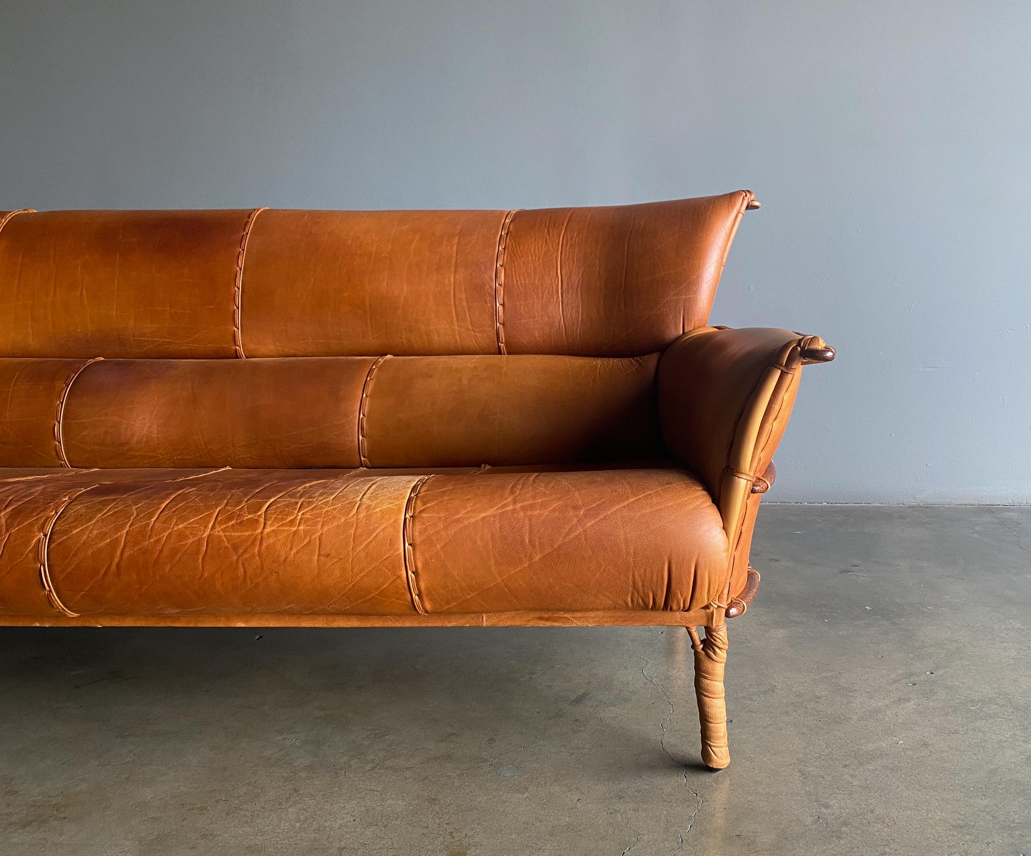 Pacific Green Cognac Leather & Palmwood Navajo Sofa, 1990's 4
