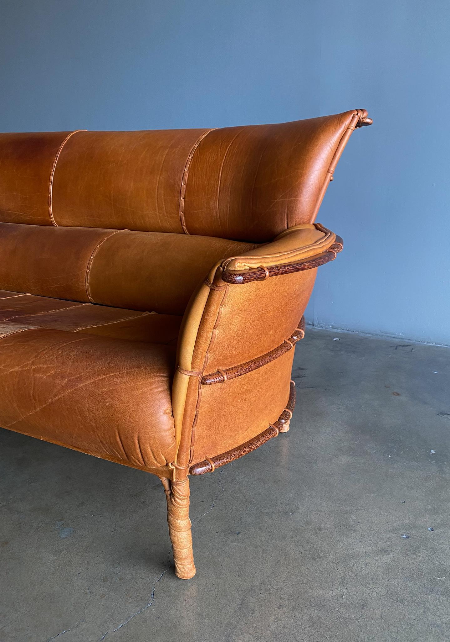 Pacific Green Cognac Leather & Palmwood Navajo Sofa, 1990's 6