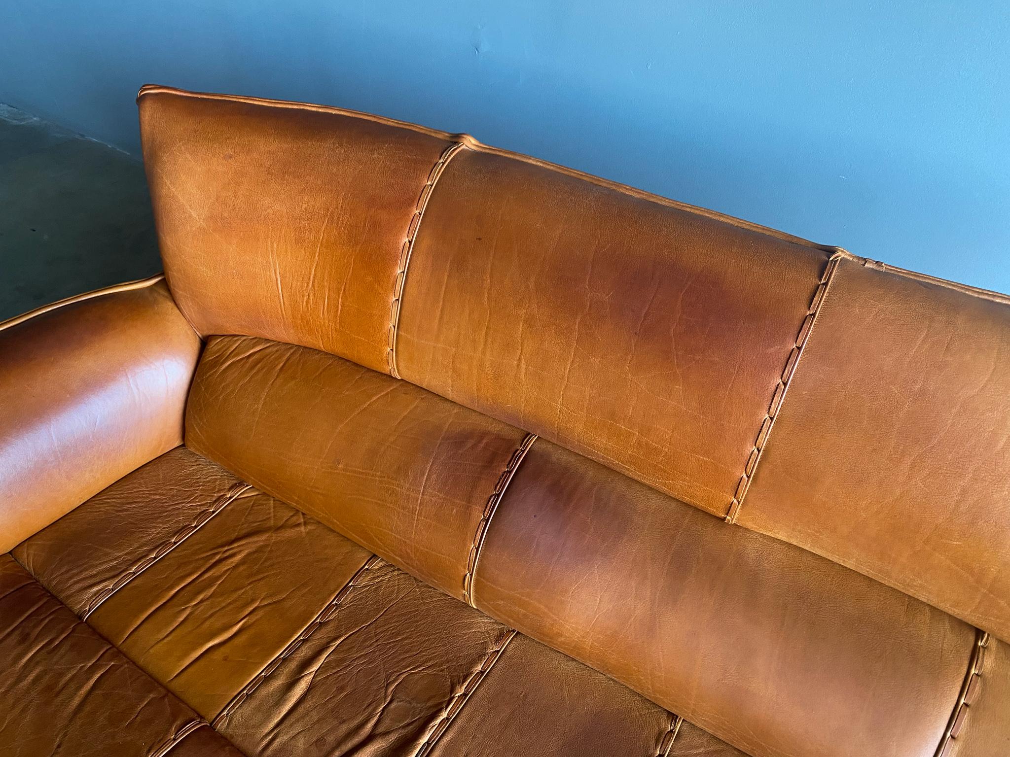 Pacific Green Cognac Leather & Palmwood Navajo Sofa, 1990's 12