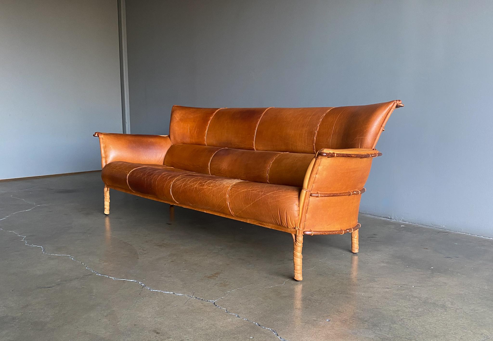 Modern Pacific Green Cognac Leather & Palmwood Navajo Sofa, 1990's