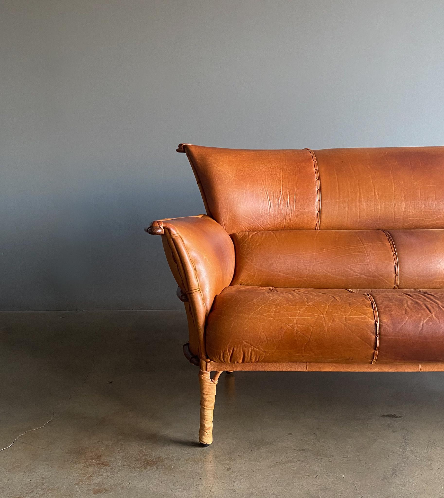Australian Pacific Green Cognac Leather & Palmwood Navajo Sofa, 1990's