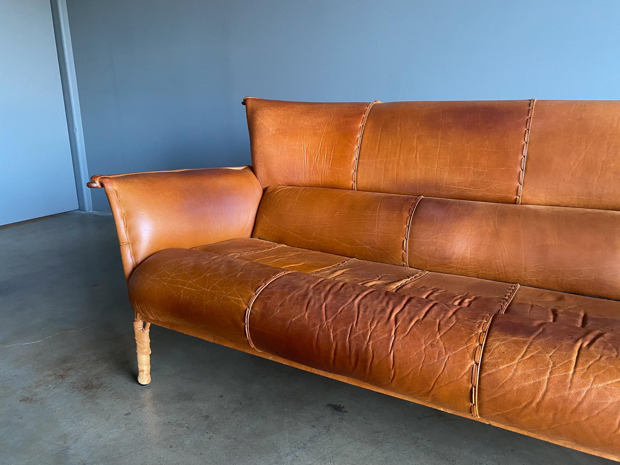 20th Century Pacific Green Cognac Leather & Palmwood Navajo Sofa, 1990's