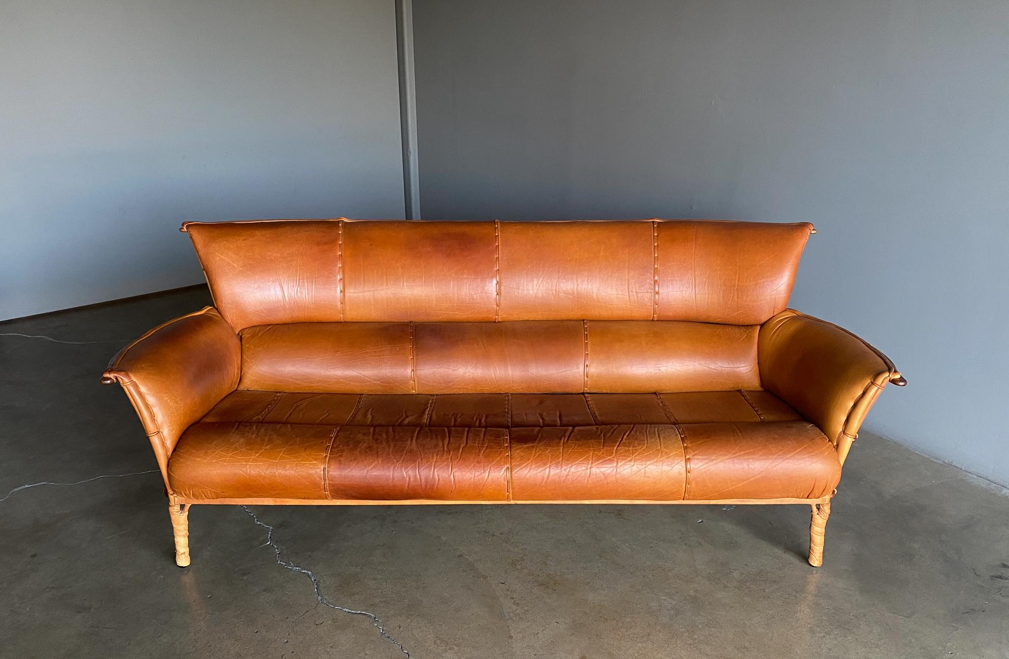 Pacific Green Cognac Leather & Palmwood Navajo Sofa, 1990's 2