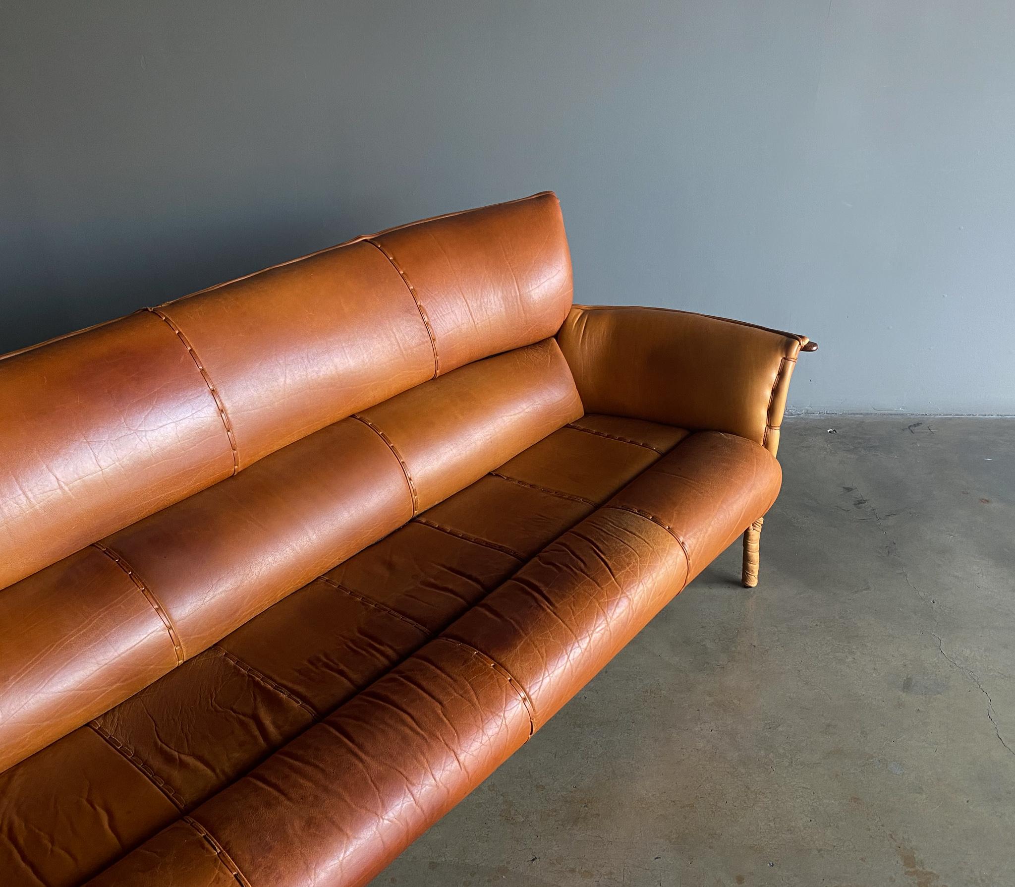 Pacific Green Cognac Leather & Palmwood Navajo Sofa, 1990's 3