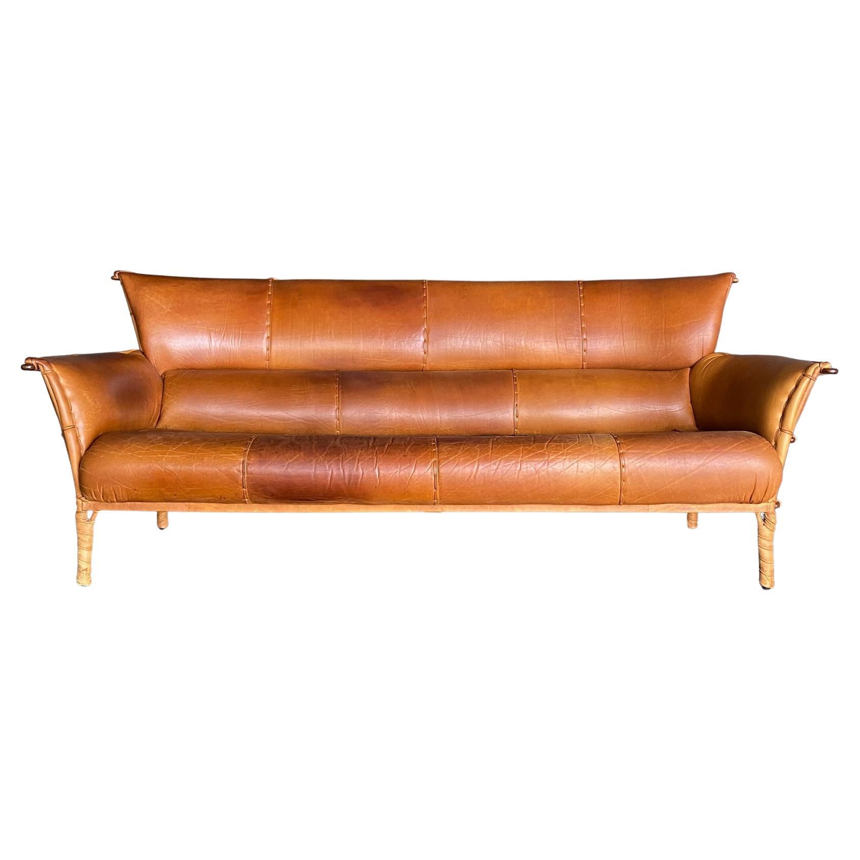 Pacific Green Cognac Leather & Palmwood Navajo Sofa, 1990's