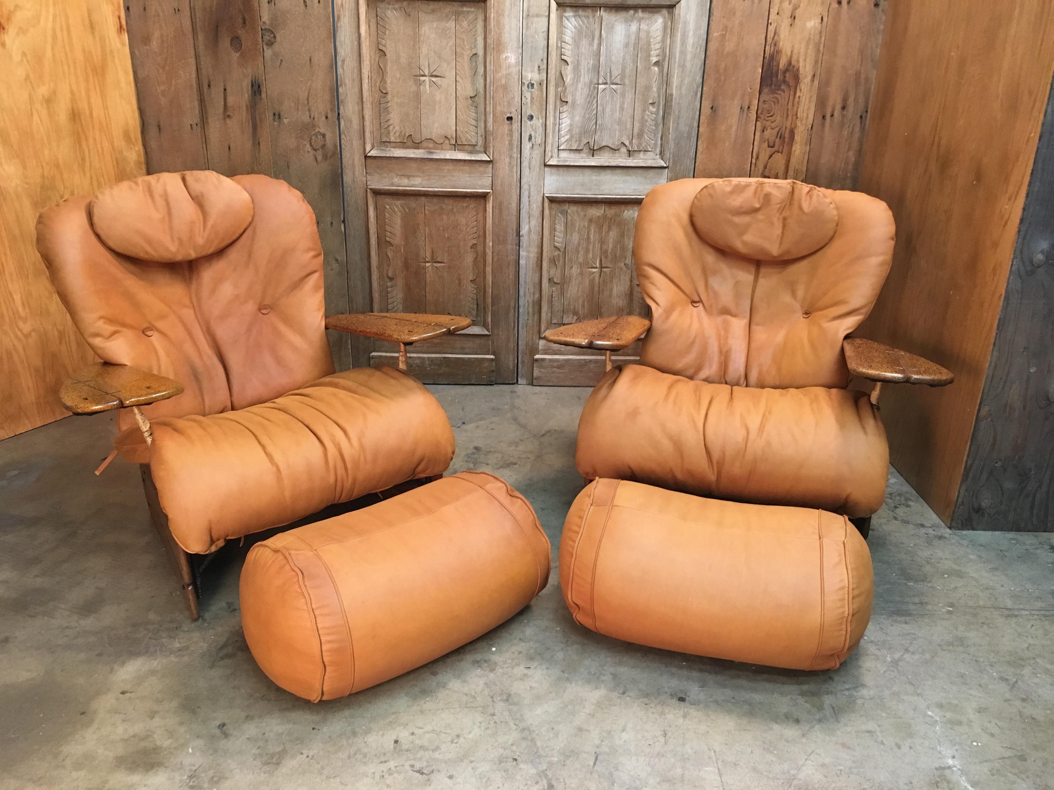 20th Century Pacific Green Havana Lounge Chairs with Ottomans