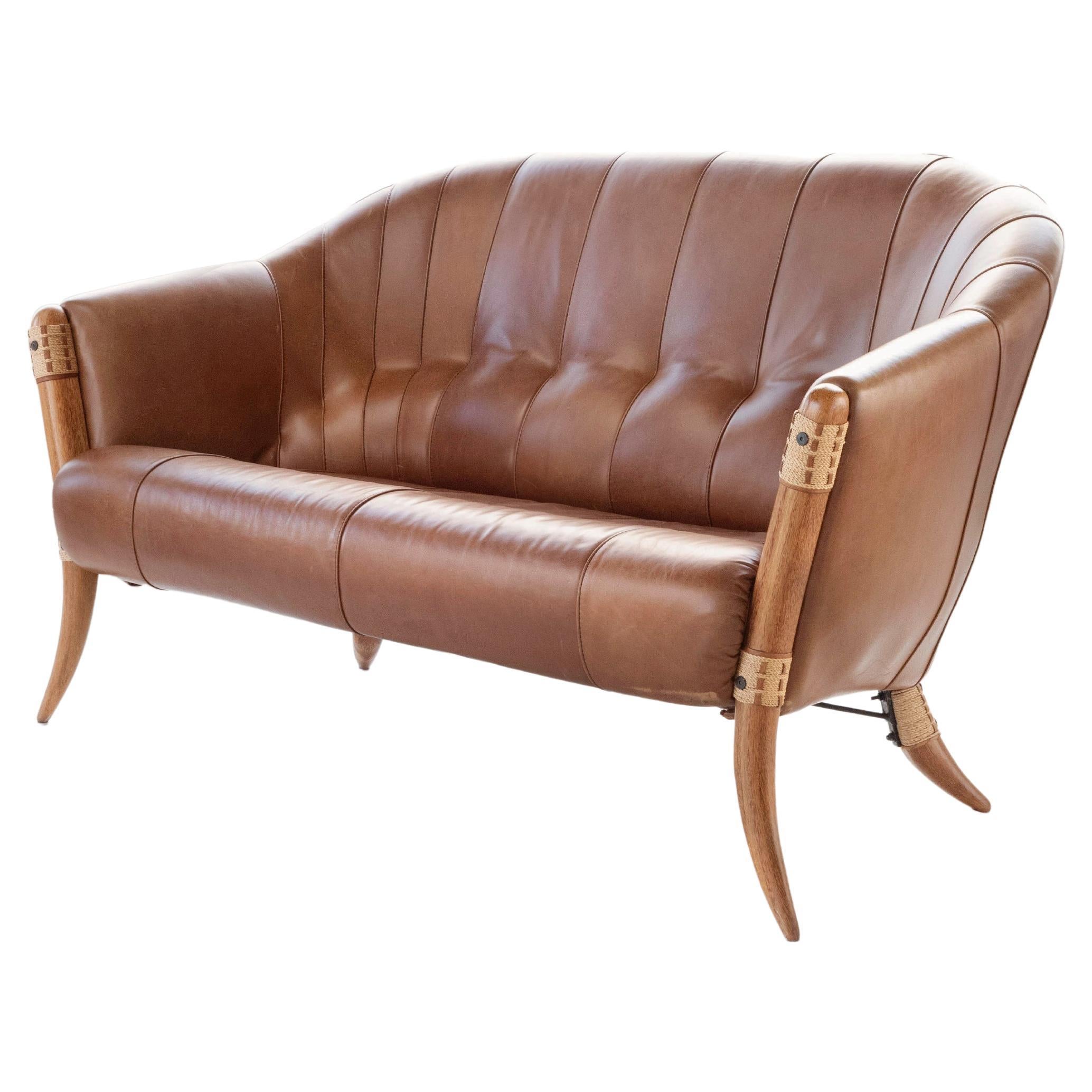 Pazifisches 2-Sitzer-Sofa „Lima“ aus Palmholz und Leder