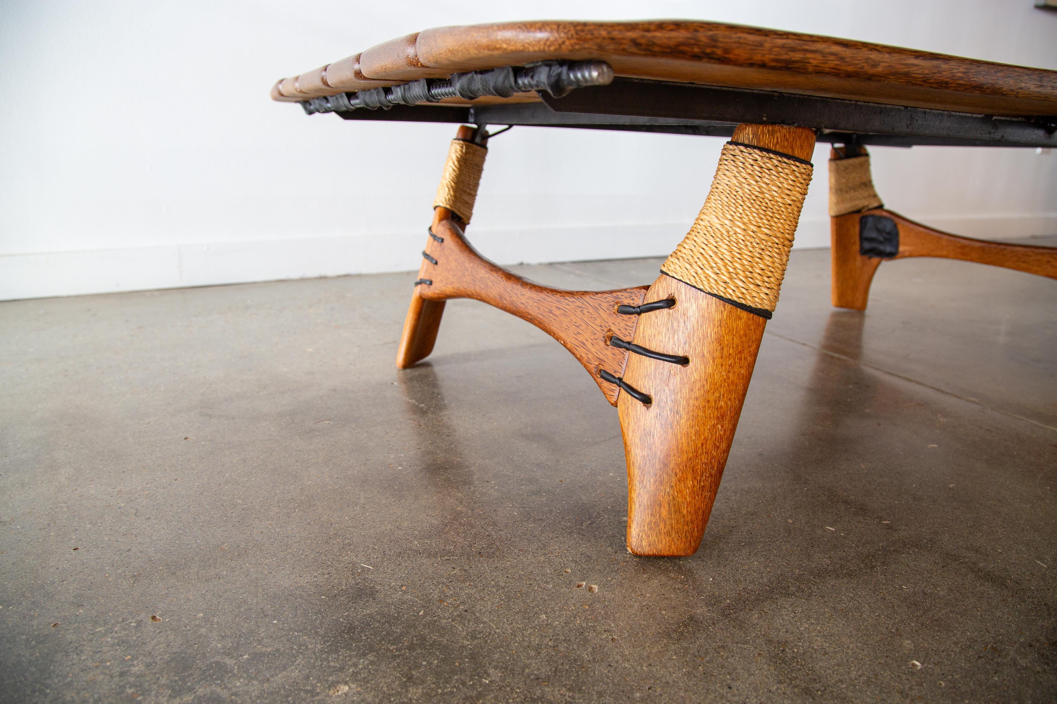 Contemporary Pacific Green Navajo Coffee Table Palmwood Iron and Leather c. 2000's For Sale