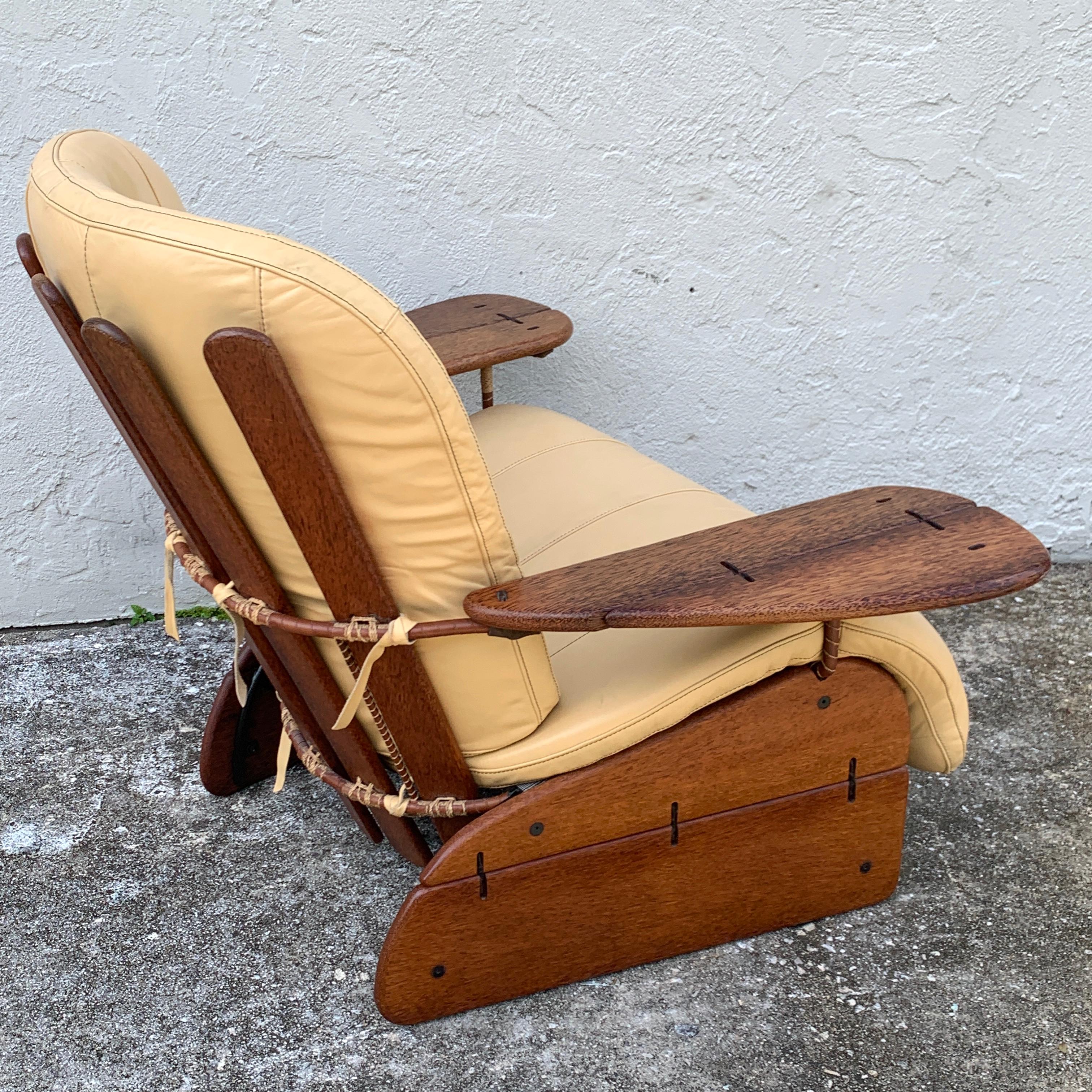 Hand-Carved Pacific Green Palmwood and Leather Lounge Chair and Ottoman