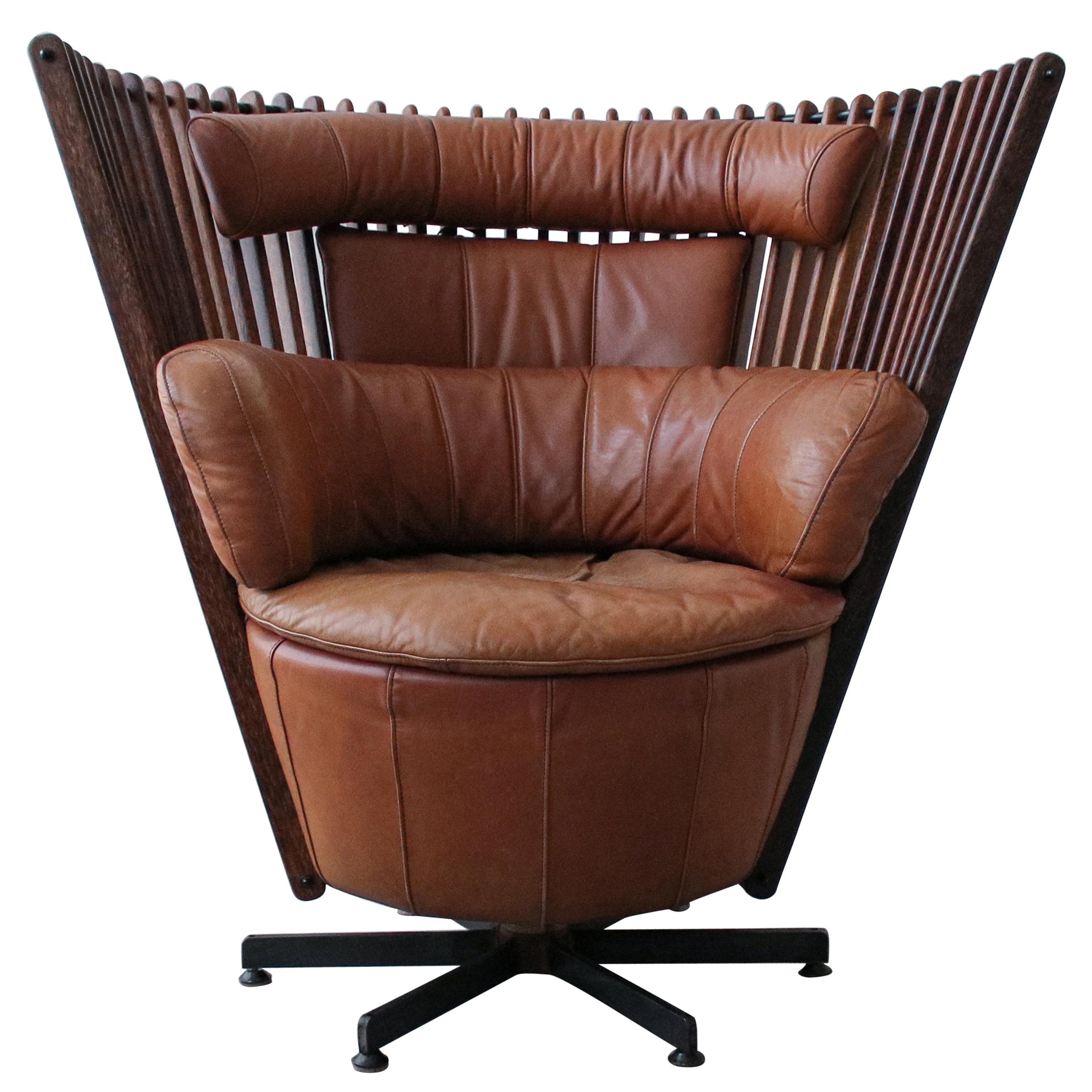 Pacific Green Tavarua Palm Wood and Leather Swivel Chair