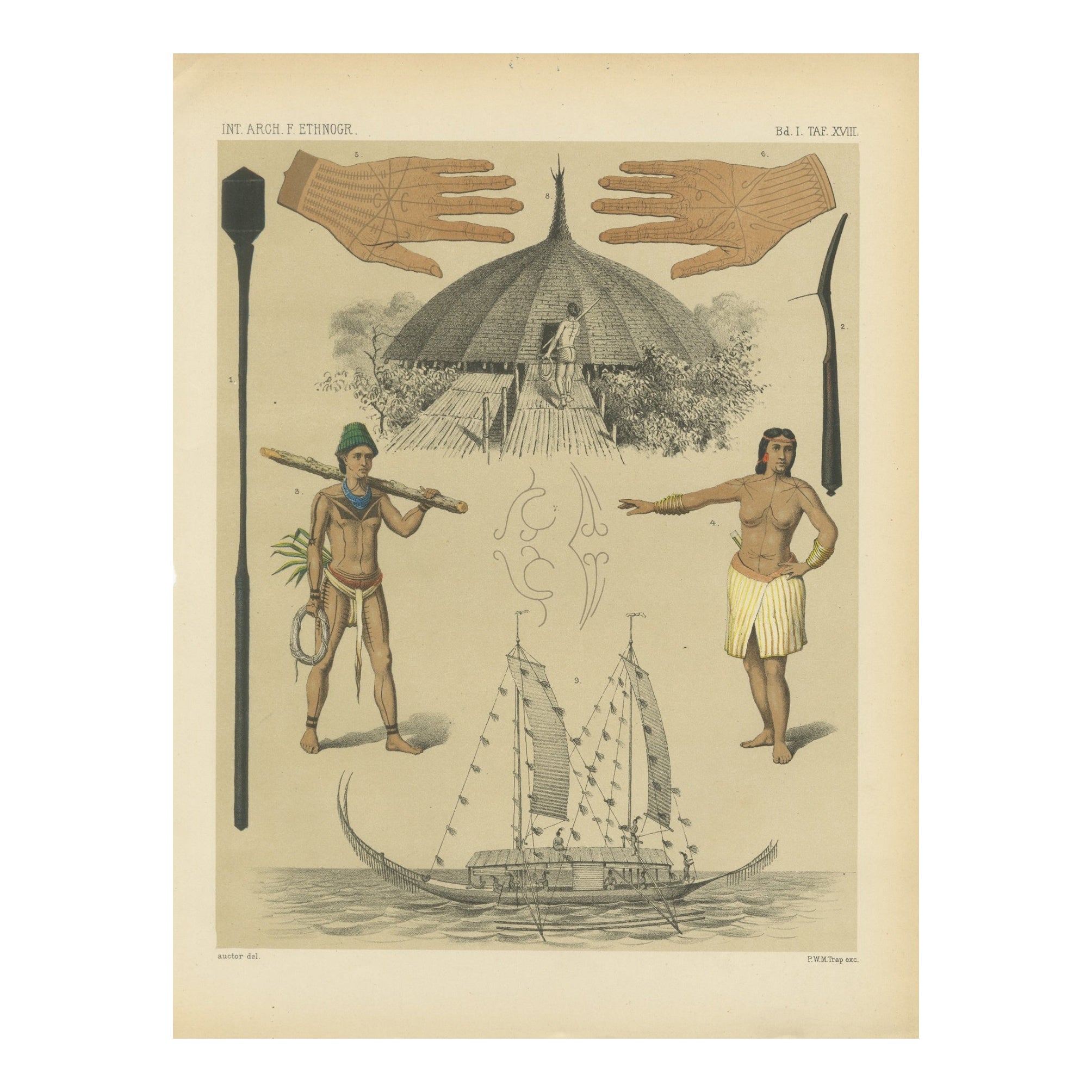 Pacific Island Ethnography – Canoe, Architecture & Costume, Antique Print c.1890