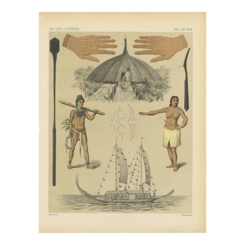 Pacific Island Ethnography – Canoe, Architecture & Costume, Antique Print c.1890