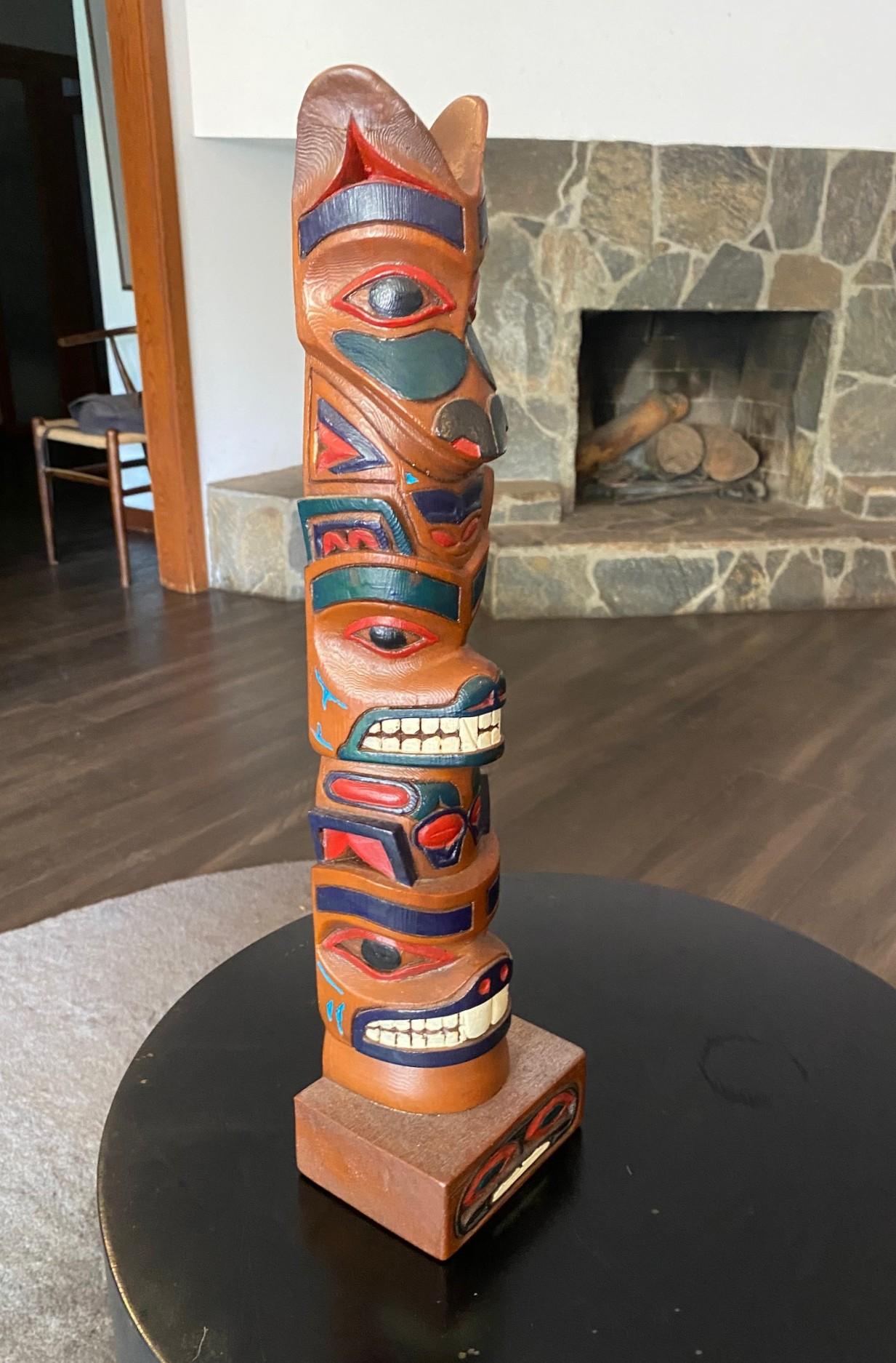 Pacific Northwest Coast Indigenous Native American Signed Wood Carved Totem Pole For Sale 3