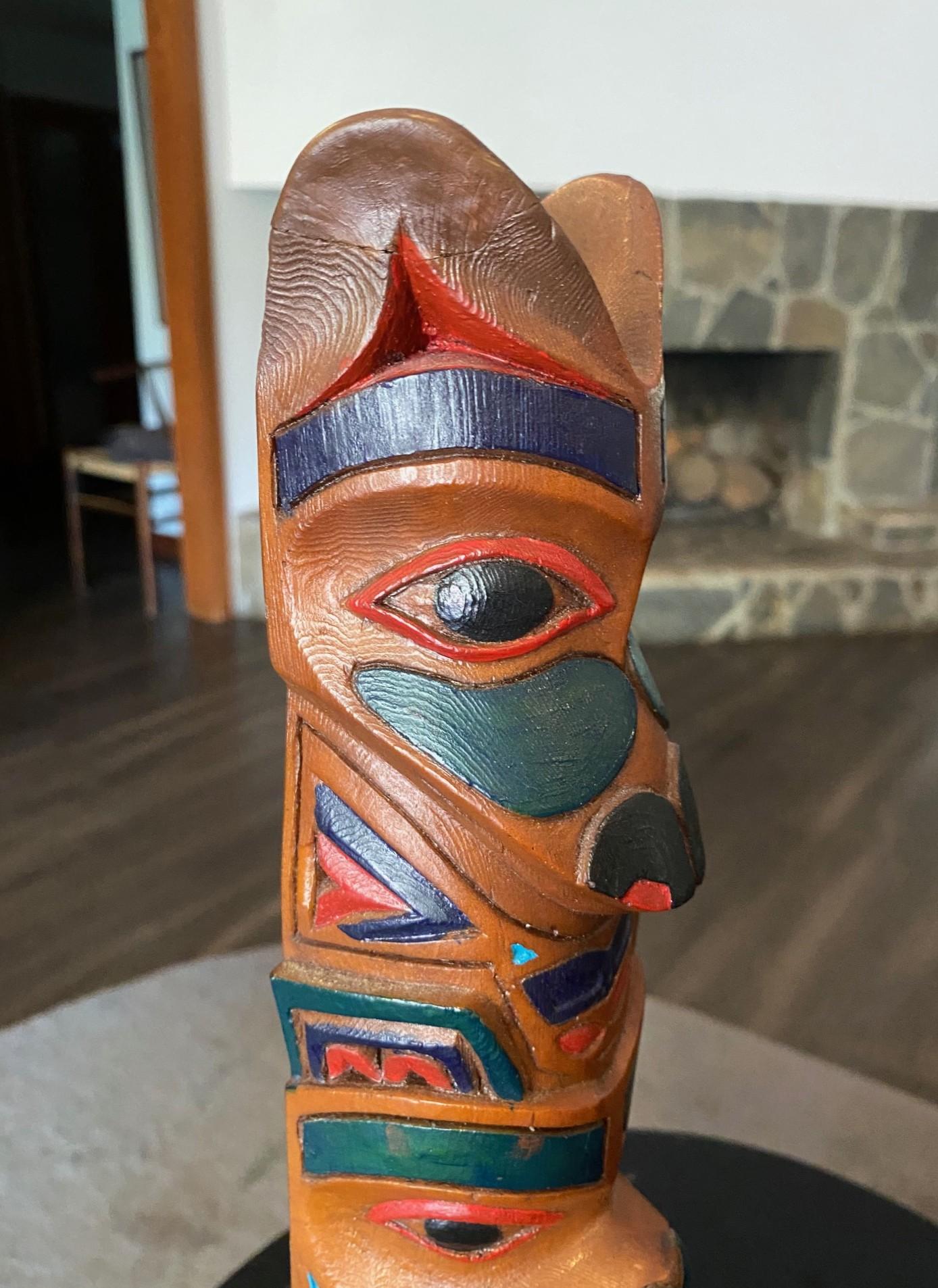 Pacific Northwest Coast Indigenous Native American Signed Wood Carved Totem Pole For Sale 4
