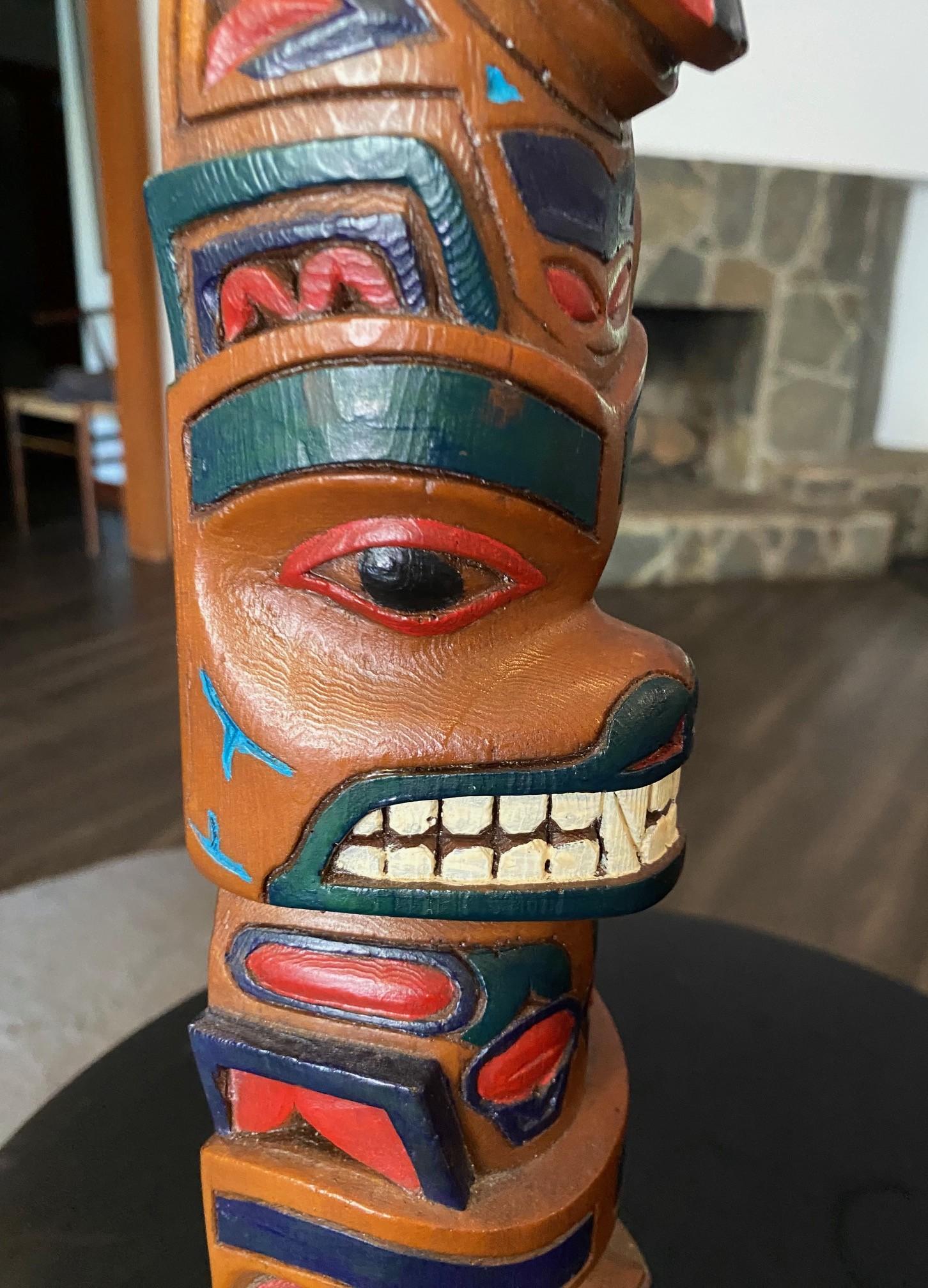Pacific Northwest Coast Indigenous Native American Signed Wood Carved Totem Pole For Sale 5