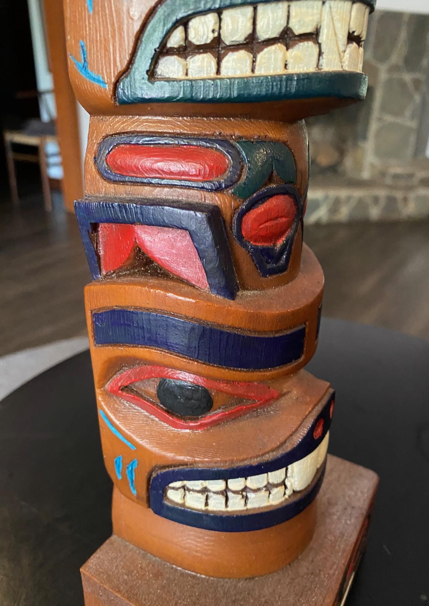 Pacific Northwest Coast Indigenous Native American Signed Wood Carved Totem Pole For Sale 6