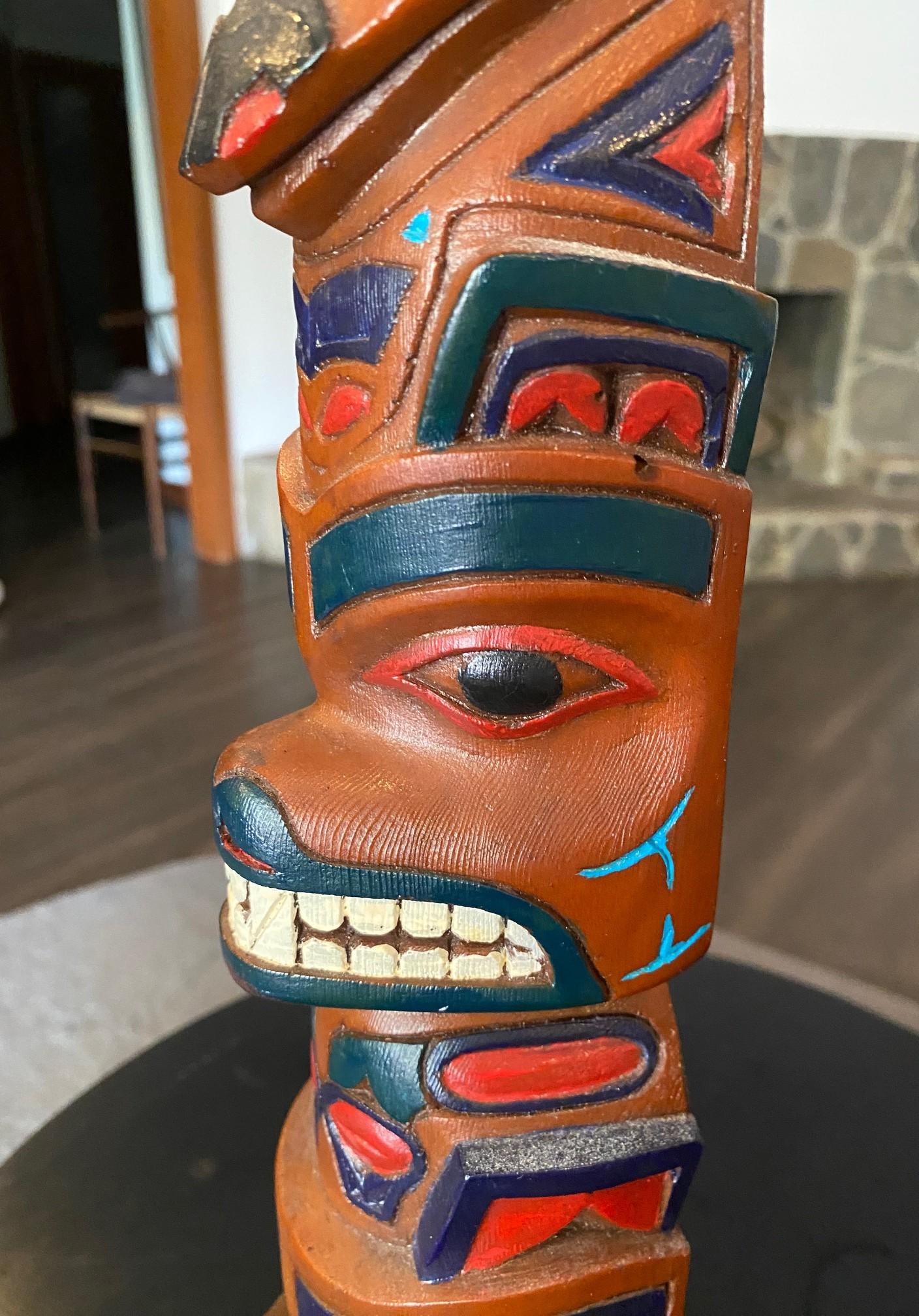 Pacific Northwest Coast Indigenous Native American Signed Wood Carved Totem Pole For Sale 8