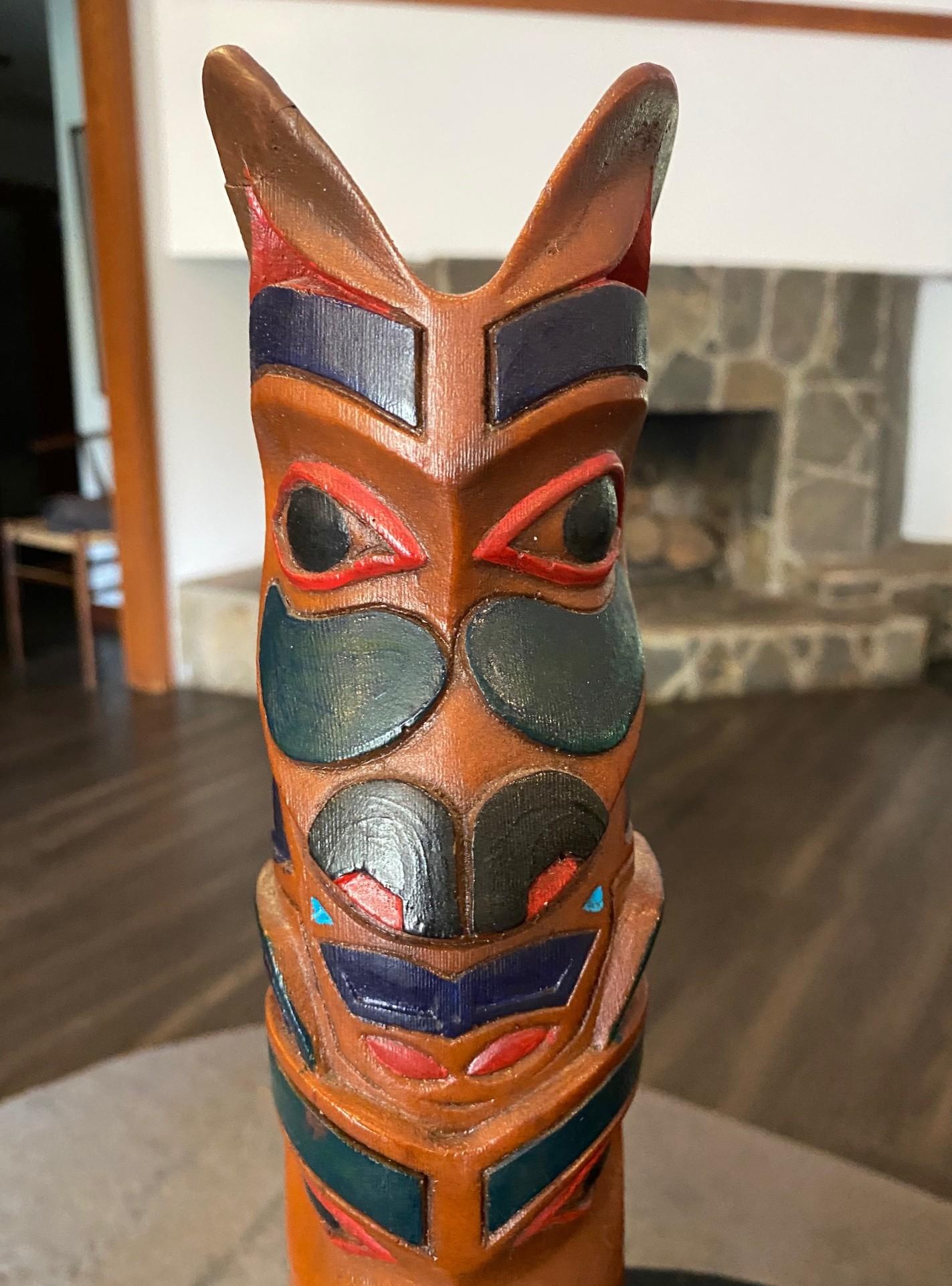 Folk Art Pacific Northwest Coast Indigenous Native American Signed Wood Carved Totem Pole For Sale