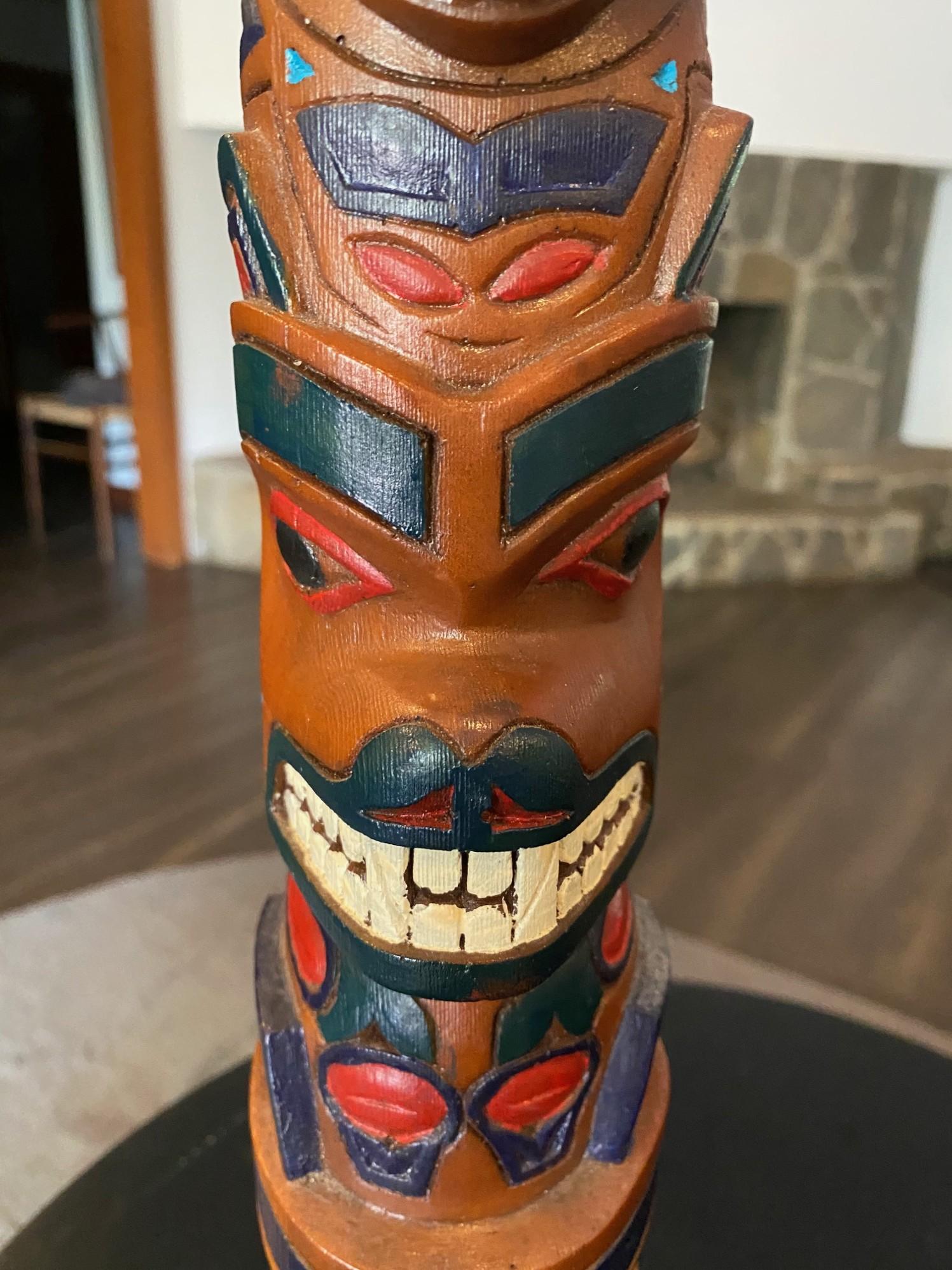 Canadian Pacific Northwest Coast Indigenous Native American Signed Wood Carved Totem Pole For Sale