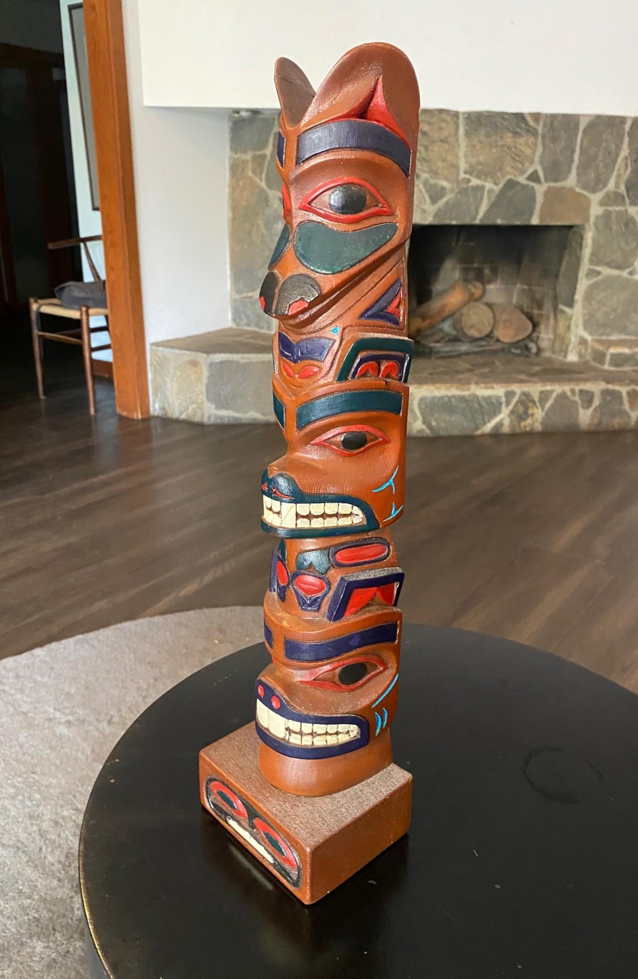 Late 20th Century Pacific Northwest Coast Indigenous Native American Signed Wood Carved Totem Pole For Sale