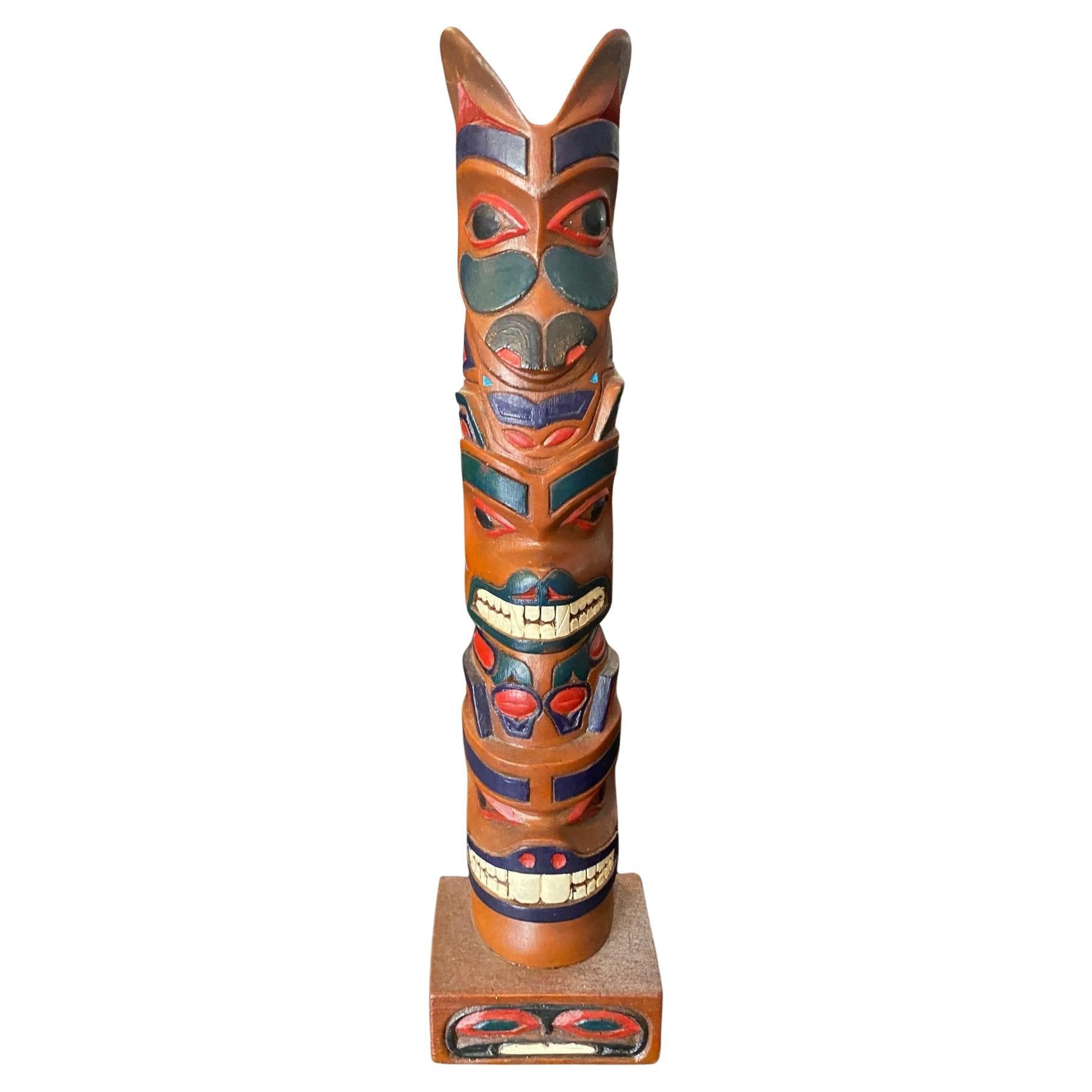 Pacific Northwest Coast Indigenous Native American Signed Wood Carved Totem Pole For Sale