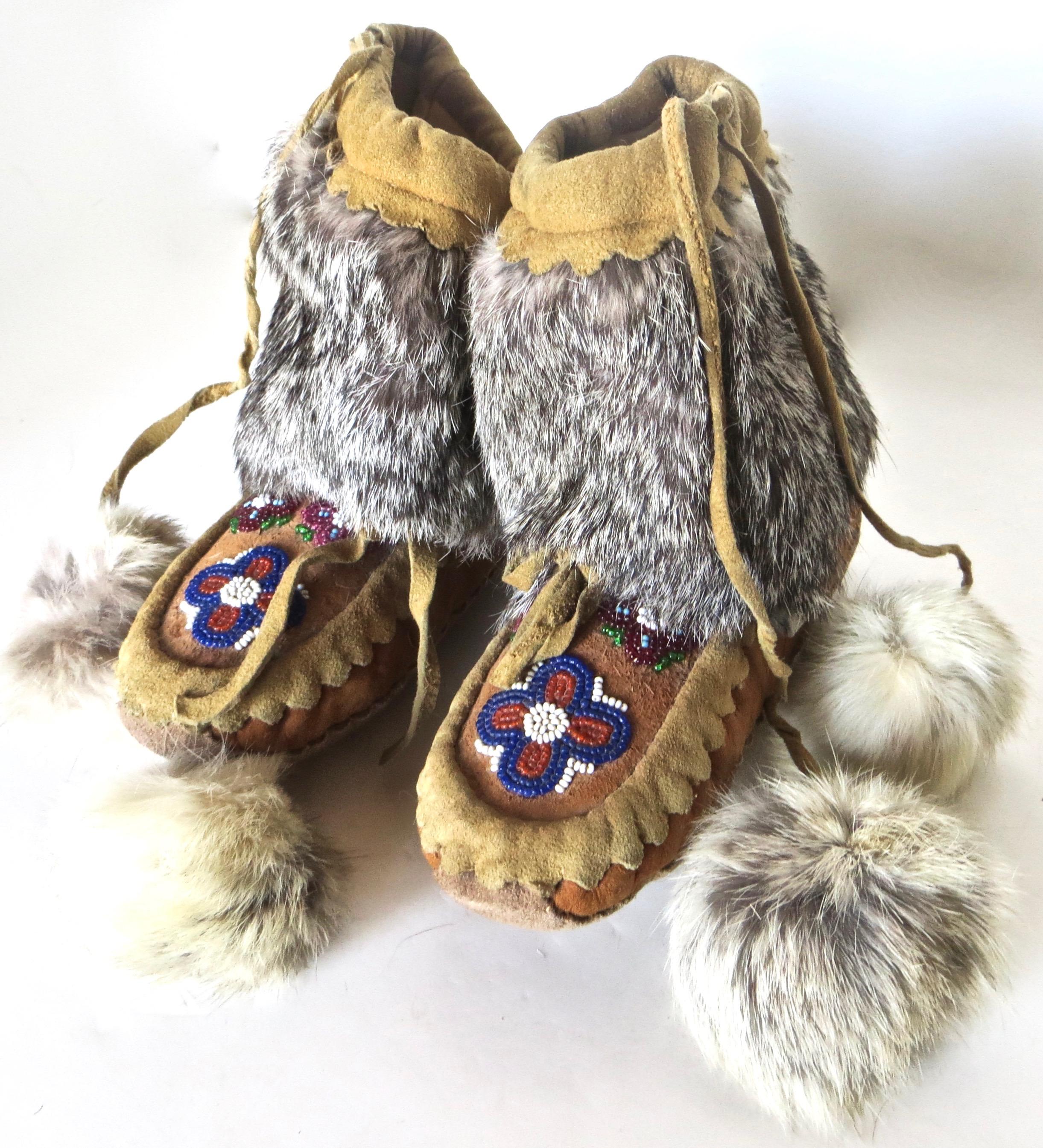 Beaded Pacific Northwest Native American Indian Child's High Top Moccasins, Circa 1930