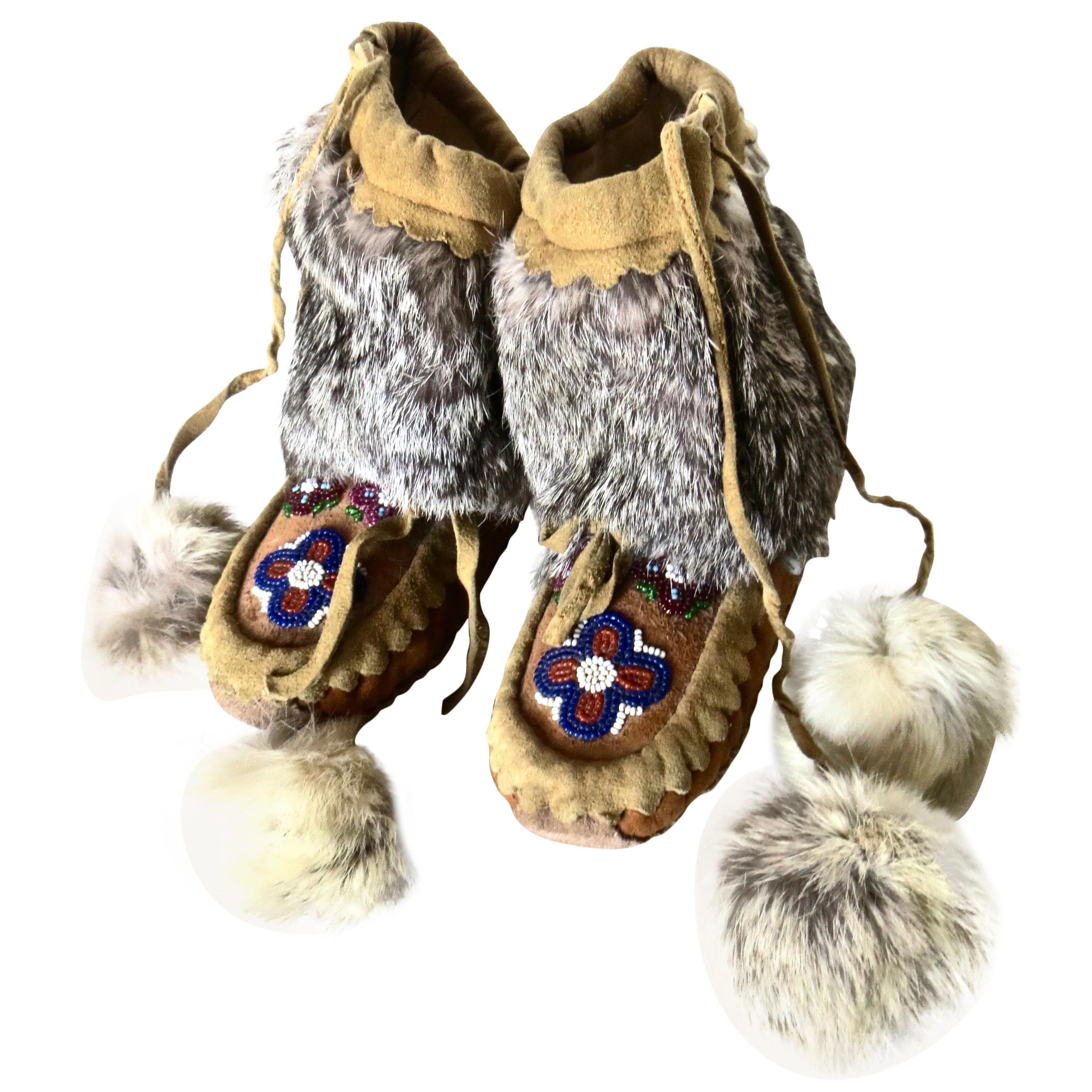 Pacific Northwest Native American Indian Child's High Top Moccasins, Circa 1930