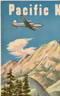 NOROESTE DEL PACÍFICO - UNITED AIR LINES: Cartel vintage original de MCM sobre viajes en avión