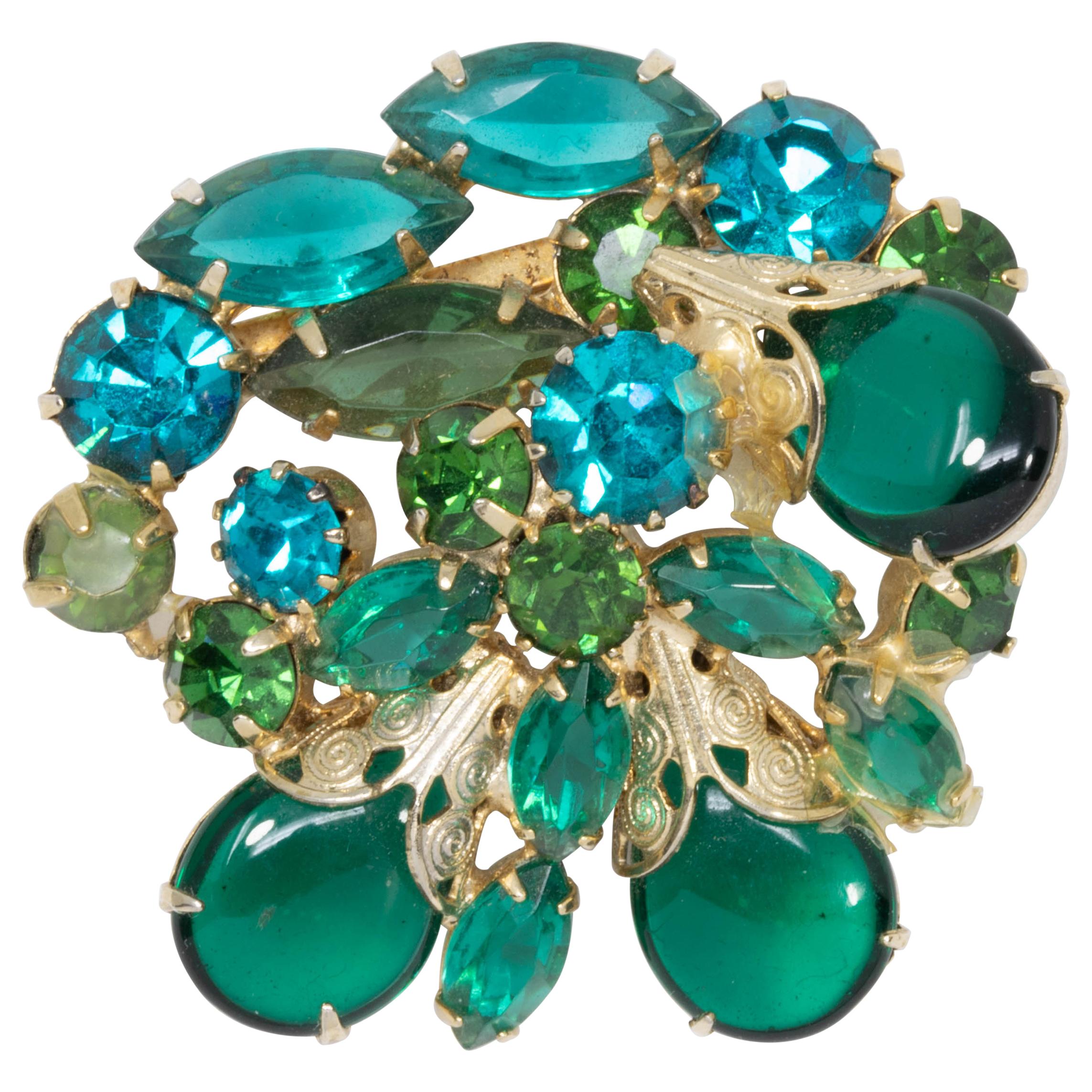 Pacific Opal and Emerald Colored Open Back Crystal and Cabochon Pin Brooch For Sale