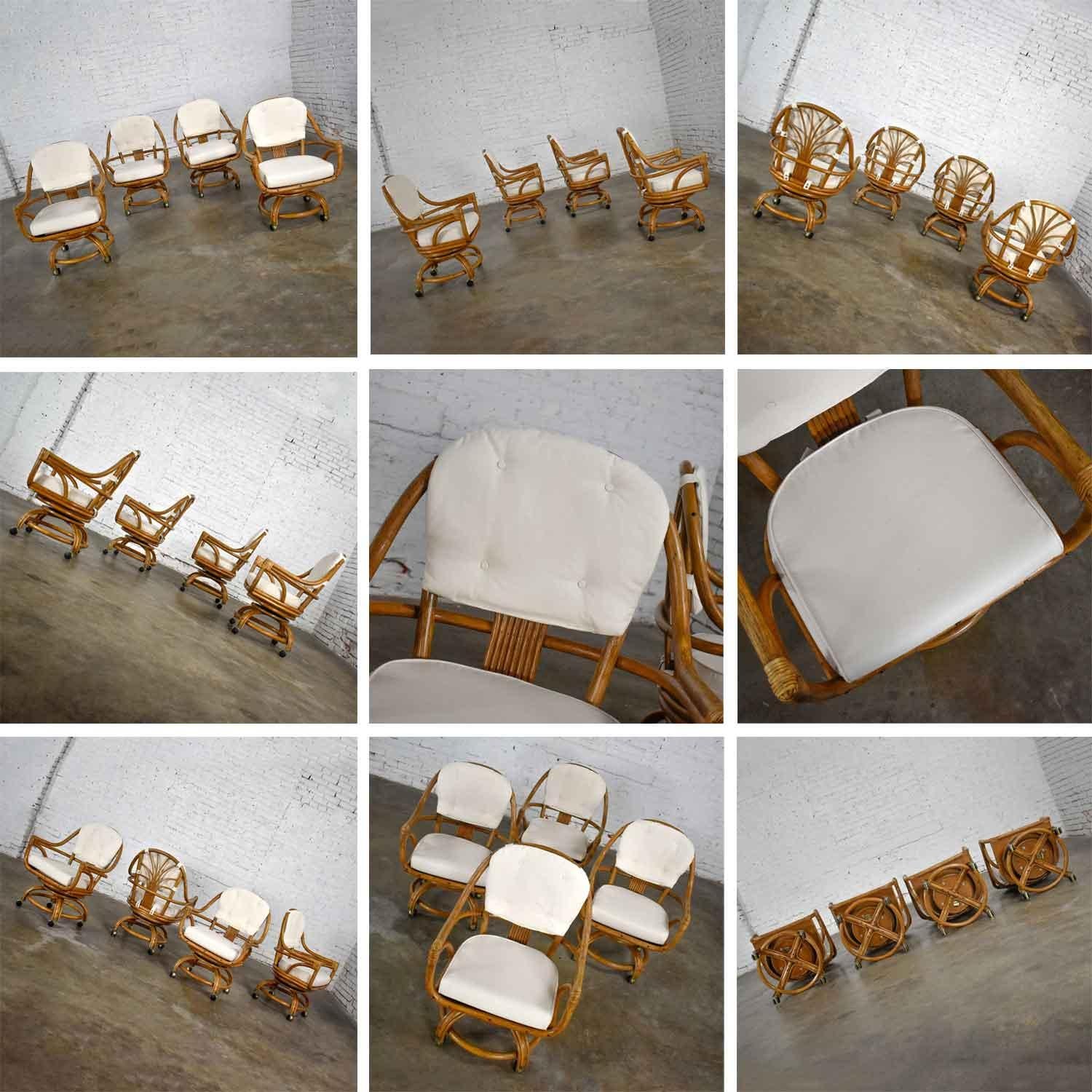 Pacific Rattan Game or Dining Table Round Glass Top & 4 Rolling Swivel Chairs 7