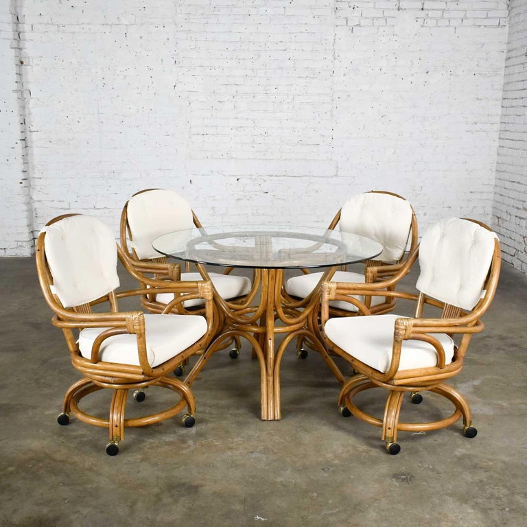 Pacific Rattan Game or Dining Table Round Glass Top and 4 Rolling