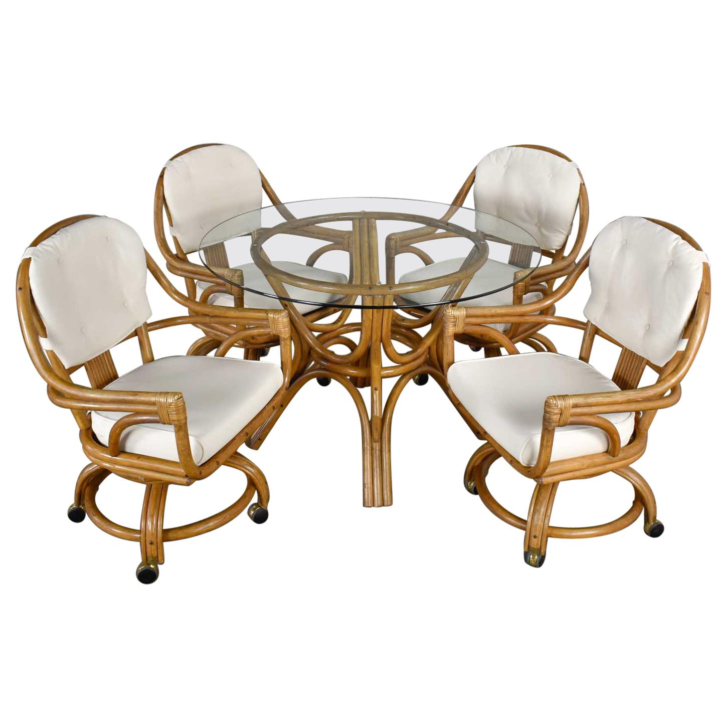 Pacific Rattan Game or Dining Table Round Glass Top & 4 Rolling Swivel Chairs