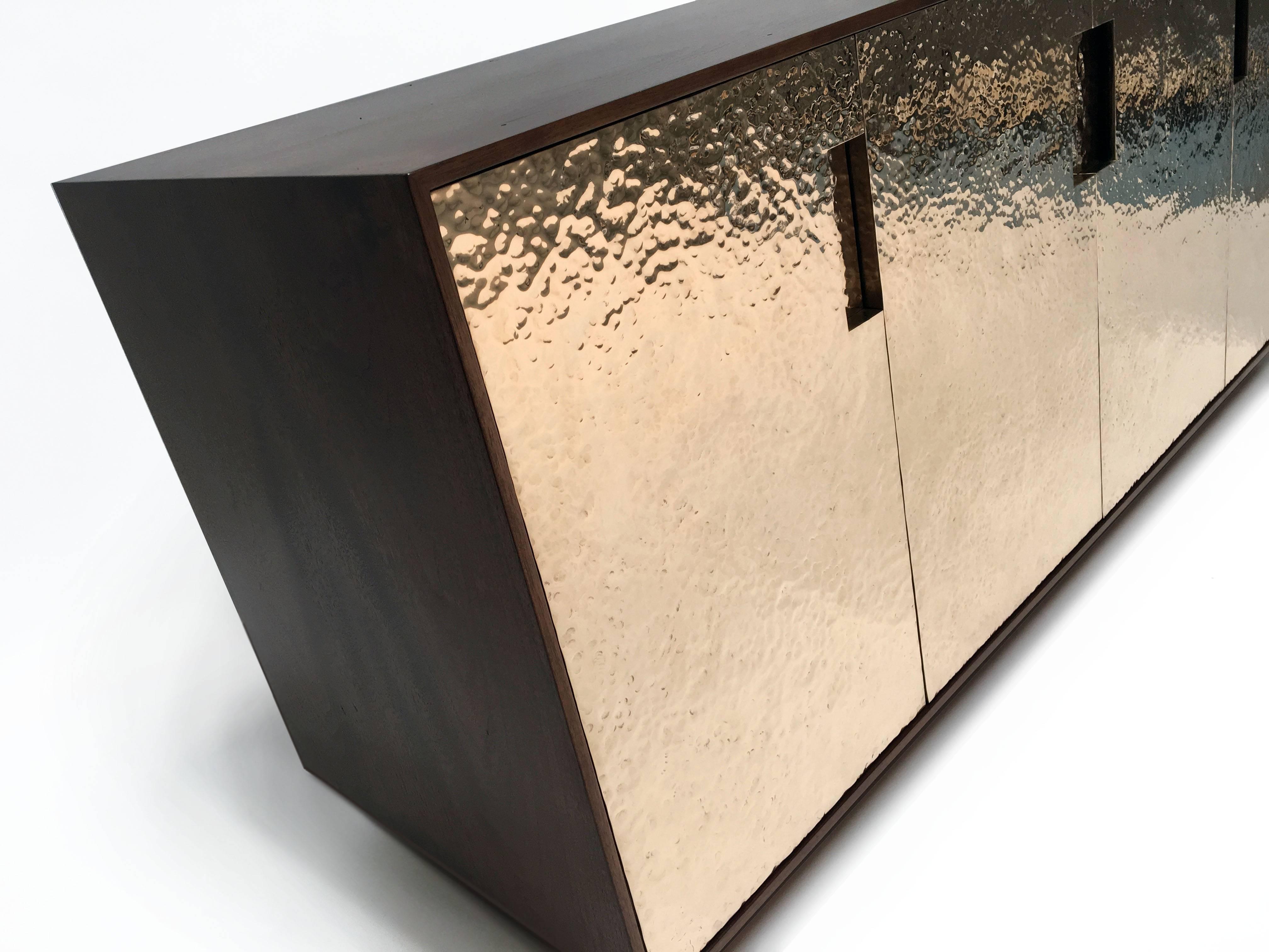 Pacifica Cabinet in Hand-Hammered Bronze and American Walnut by Newell Design In New Condition For Sale In Orange, CA