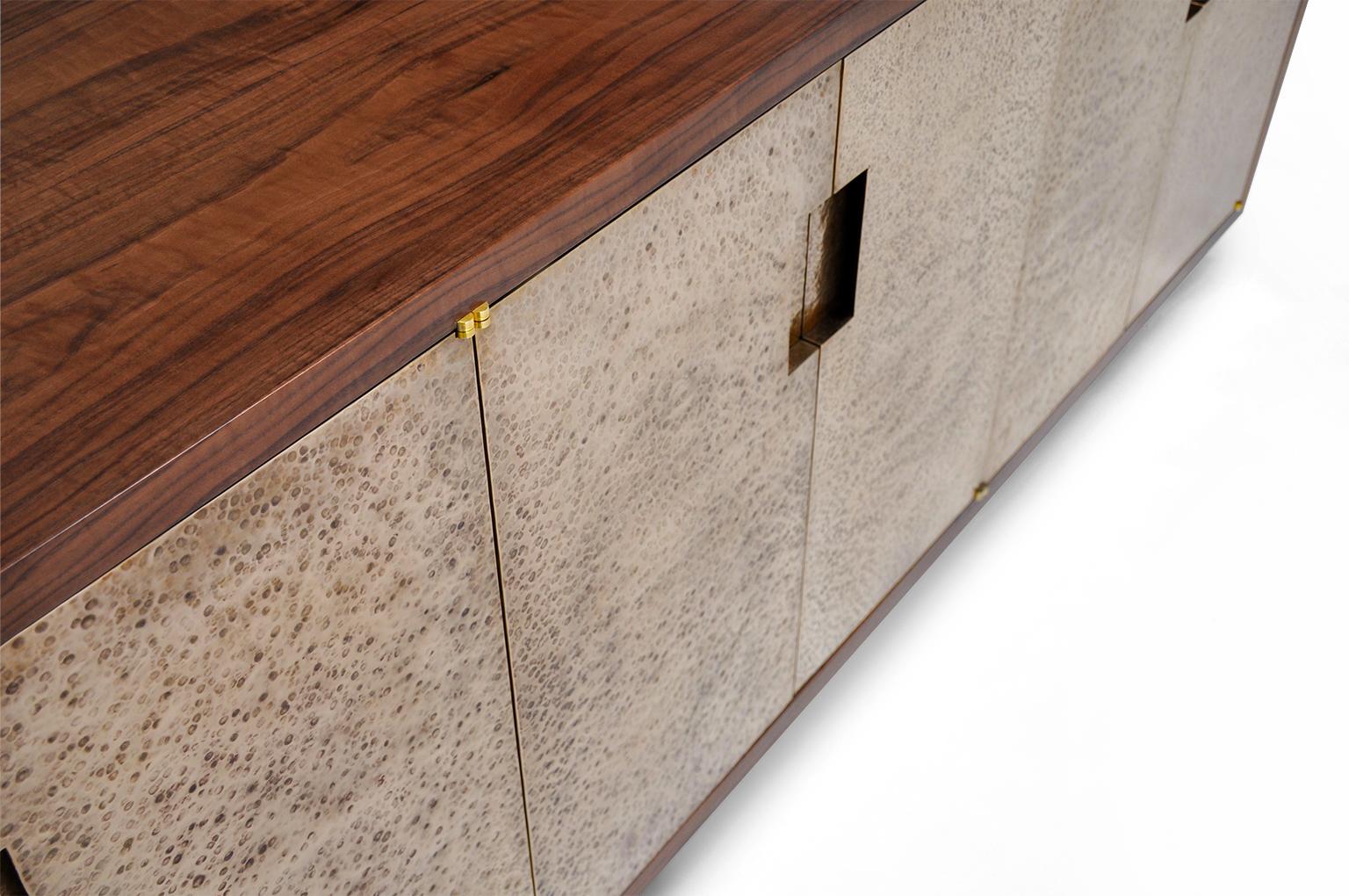 Anodized Pacifica Hammered Bronze Fire Patina and Walnut Sideboard By Newell Design For Sale