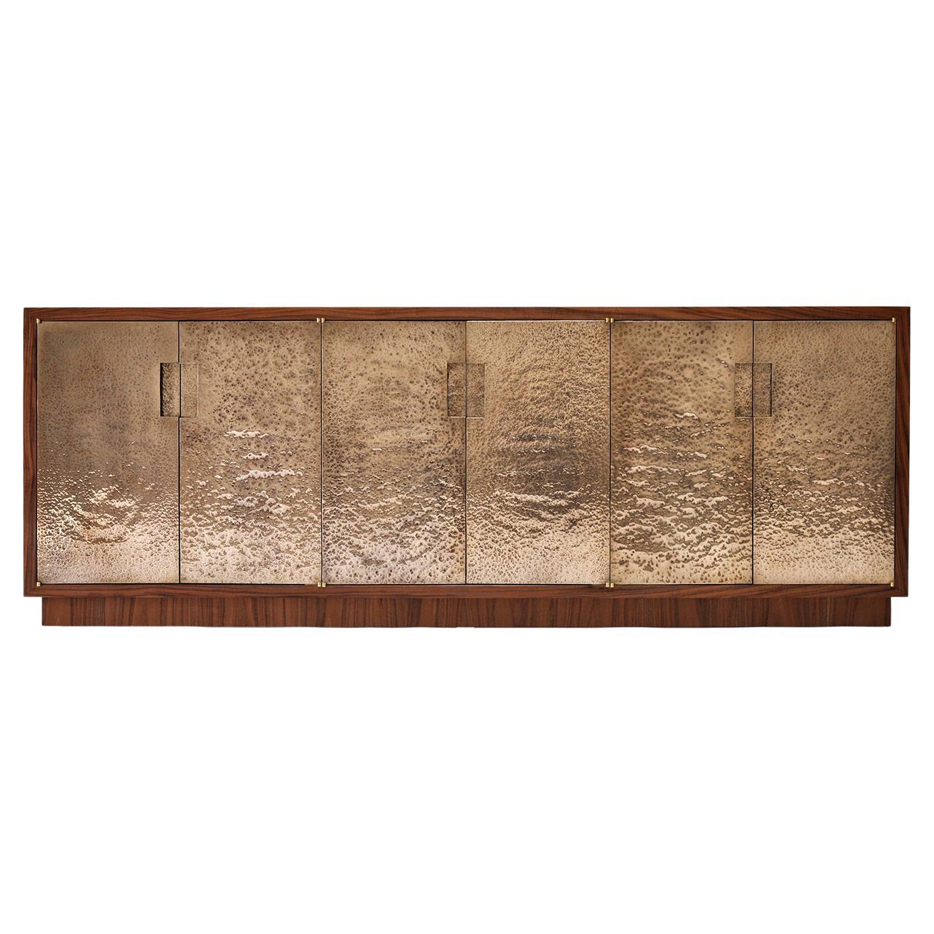 Pacifica Hammered Bronze Fire Patina and Walnut Sideboard By Newell Design For Sale