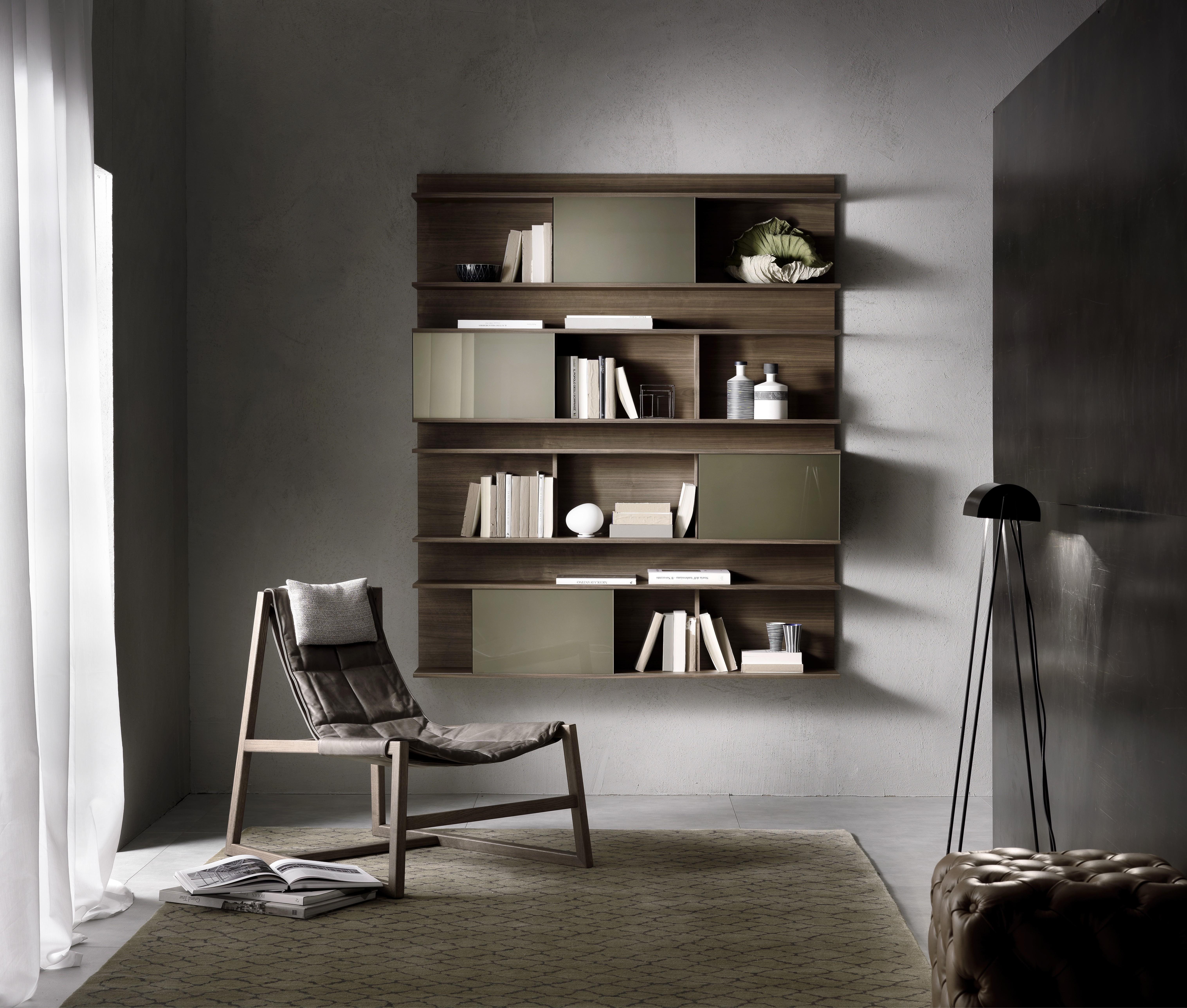 Wall bookcase with structure, shelves and frames in veneered Canaletto walnut or ash. Featuring a set of 2 bookcases. 

Also available is the singular bookcase for $3351.