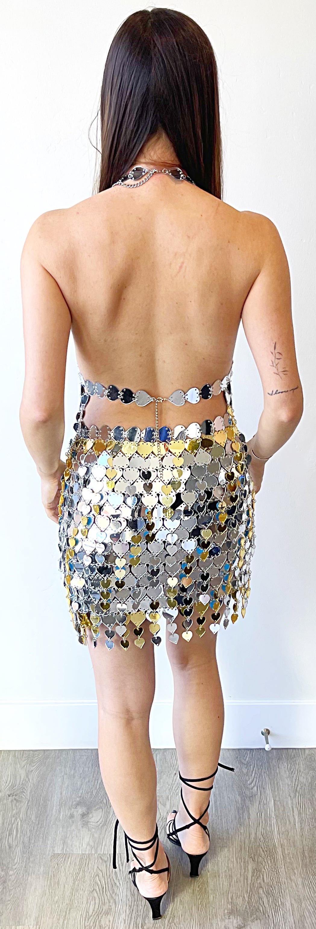 Paco Rabanne Mirrored Metal Hearts Silver and Gold Halter Top and Skirt Dress In Excellent Condition For Sale In San Diego, CA